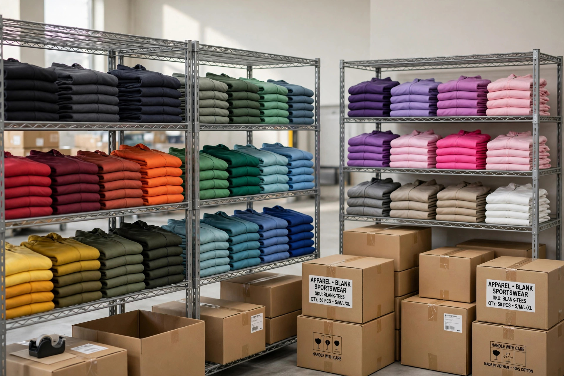 A wholesale apparel warehouse scene with shelves of folded blank sportswear in many colours and stacked shipping cartons, product photography with no people