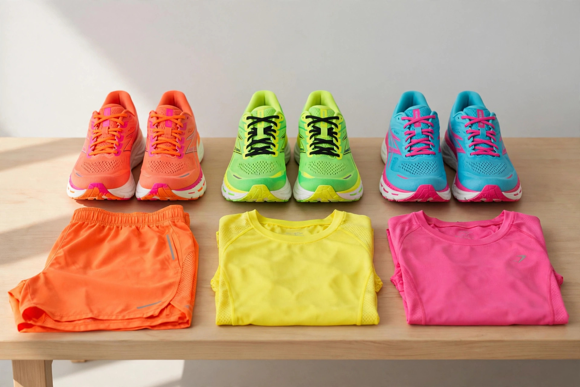 A running shoe display with road running shoes in bright colours, running shorts and tops on a bench, product photography with no people