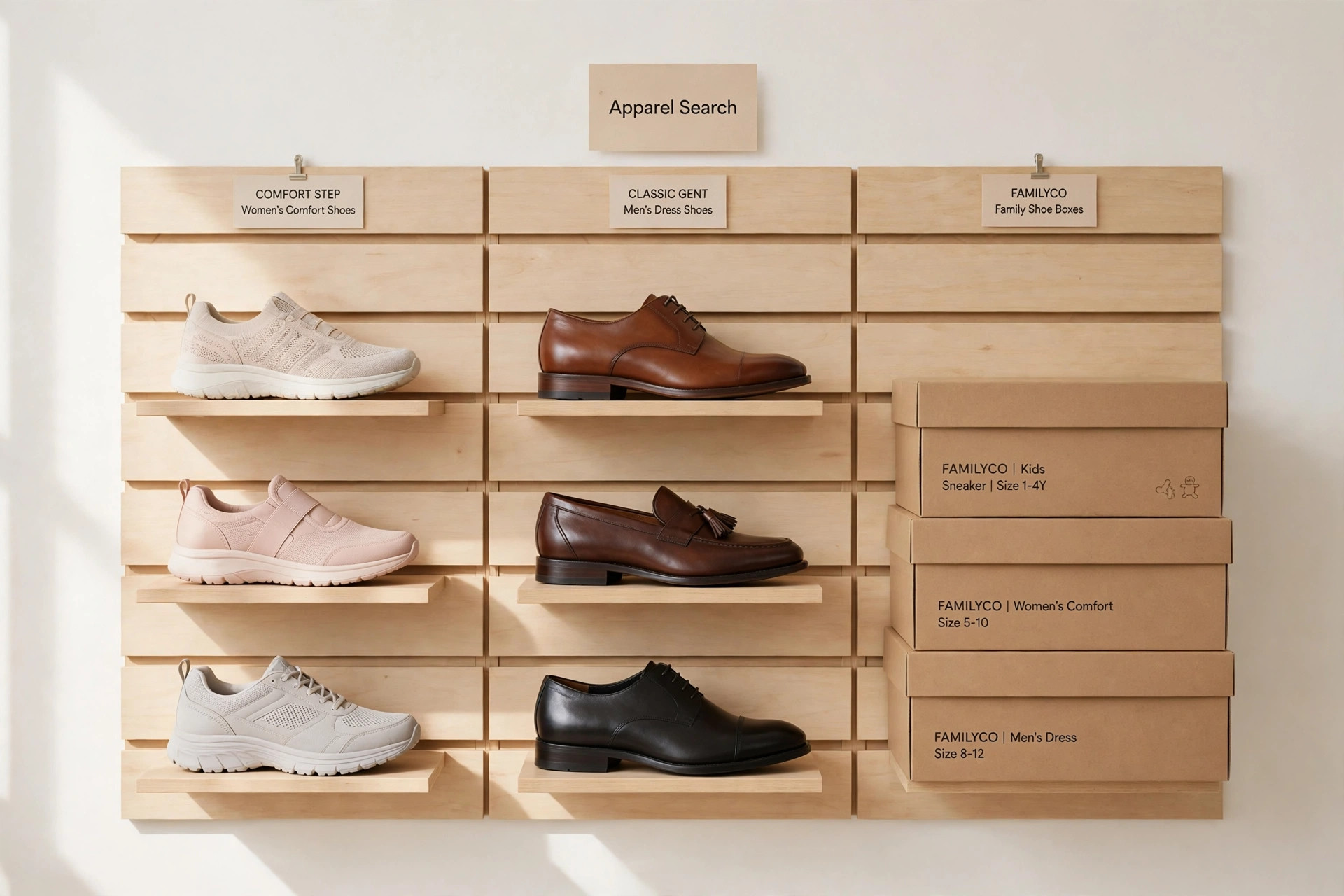 A footwear wall display with women's comfort shoes, men's dress shoes and family shoe boxes arranged by brand and a small Apparel Search sign, product photography with no people