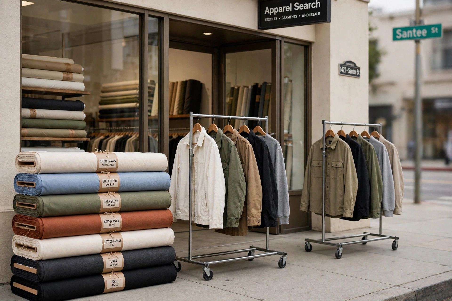 A Los Angeles fashion district scene with fabric rolls, garment racks and showroom windows on a downtown street and a small Apparel Search sign, product photography with no people