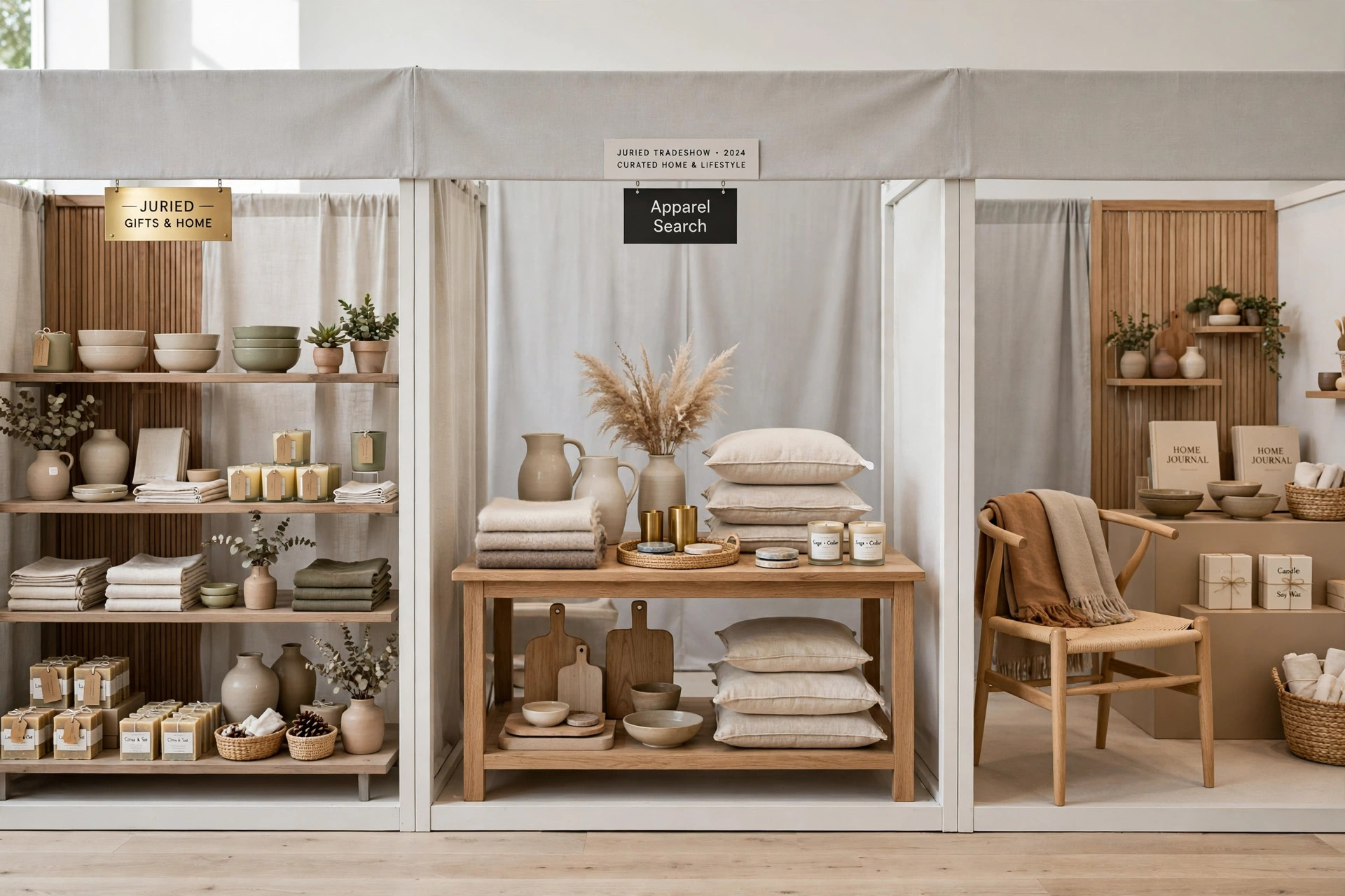 A juried tradeshow floor with curated gift, home decor and furniture displays in styled booths and a small Apparel Search sign, product photography with no people