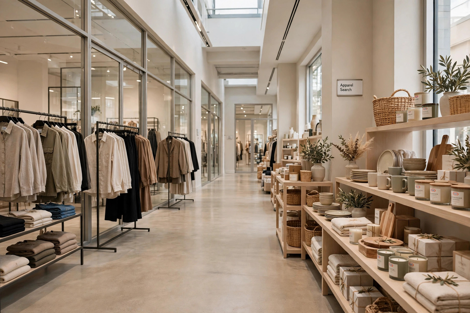A wholesale fashion market building interior with showroom windows, garment displays and gift and home goods arranged along a bright corridor and a small Apparel Search sign, product photography with no people