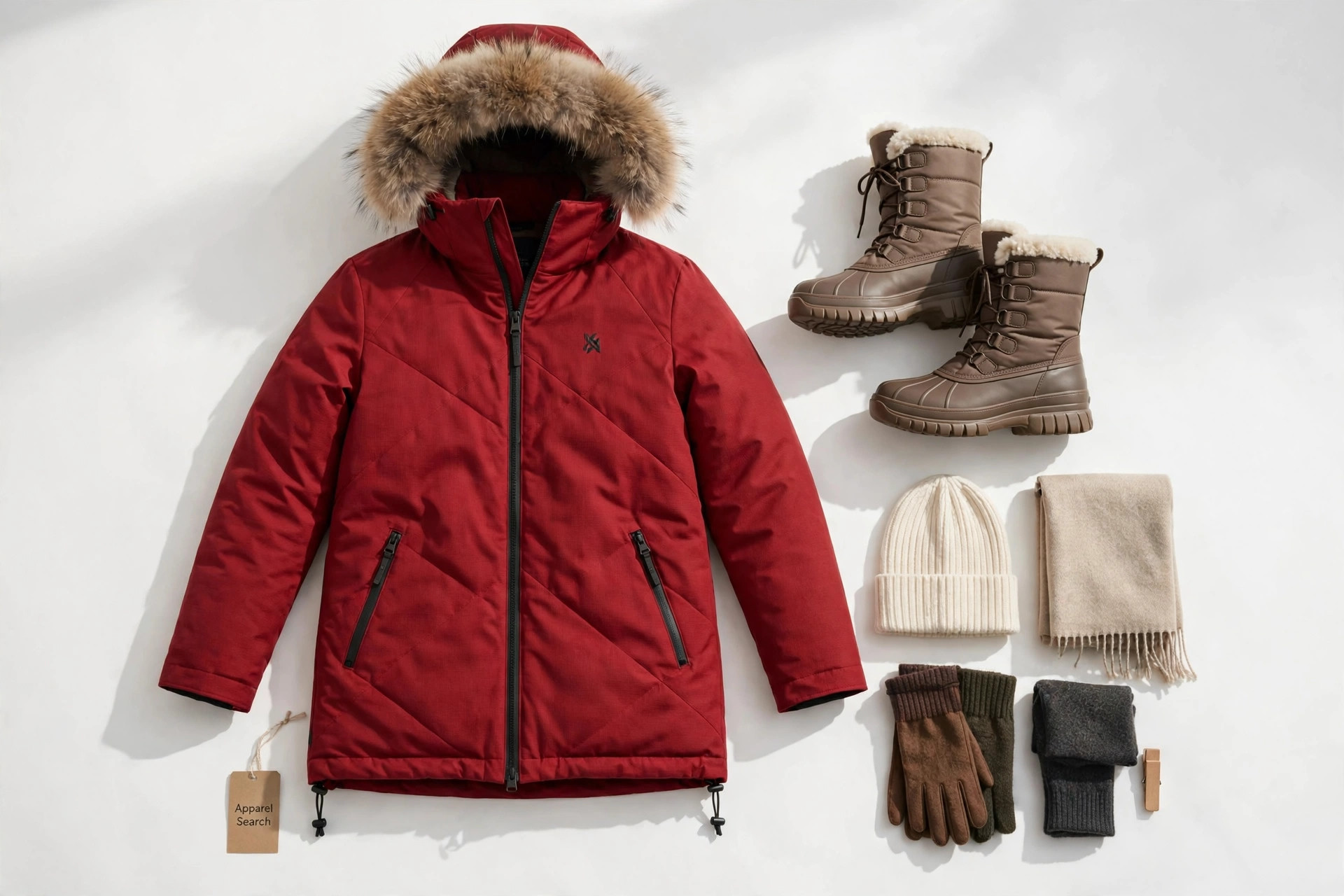 A luxury winter parka in red with a fur-trimmed hood displayed with insulated boots and cold-weather accessories on a clean backdrop and a small Apparel Search tag, product photography with no people