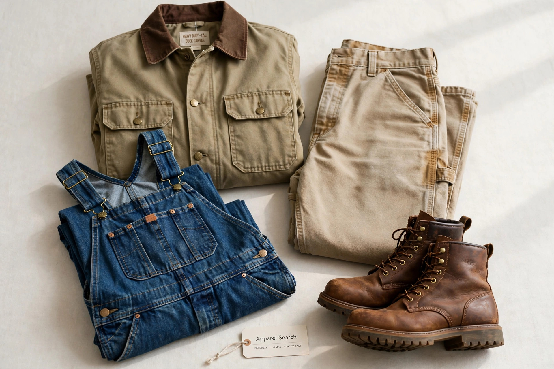 A workwear display with duck canvas jackets, denim overalls, work pants and rugged boots arranged as durable work clothing and a small Apparel Search tag, product photography with no people
