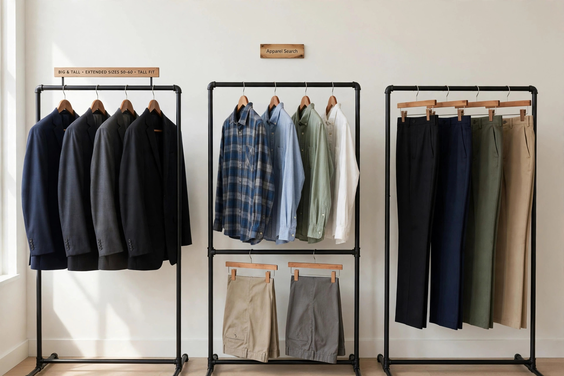 A big and tall men's clothing store display with extended-size suits, casual shirts and trousers on tall fixtures and a small Apparel Search sign, product photography with no people