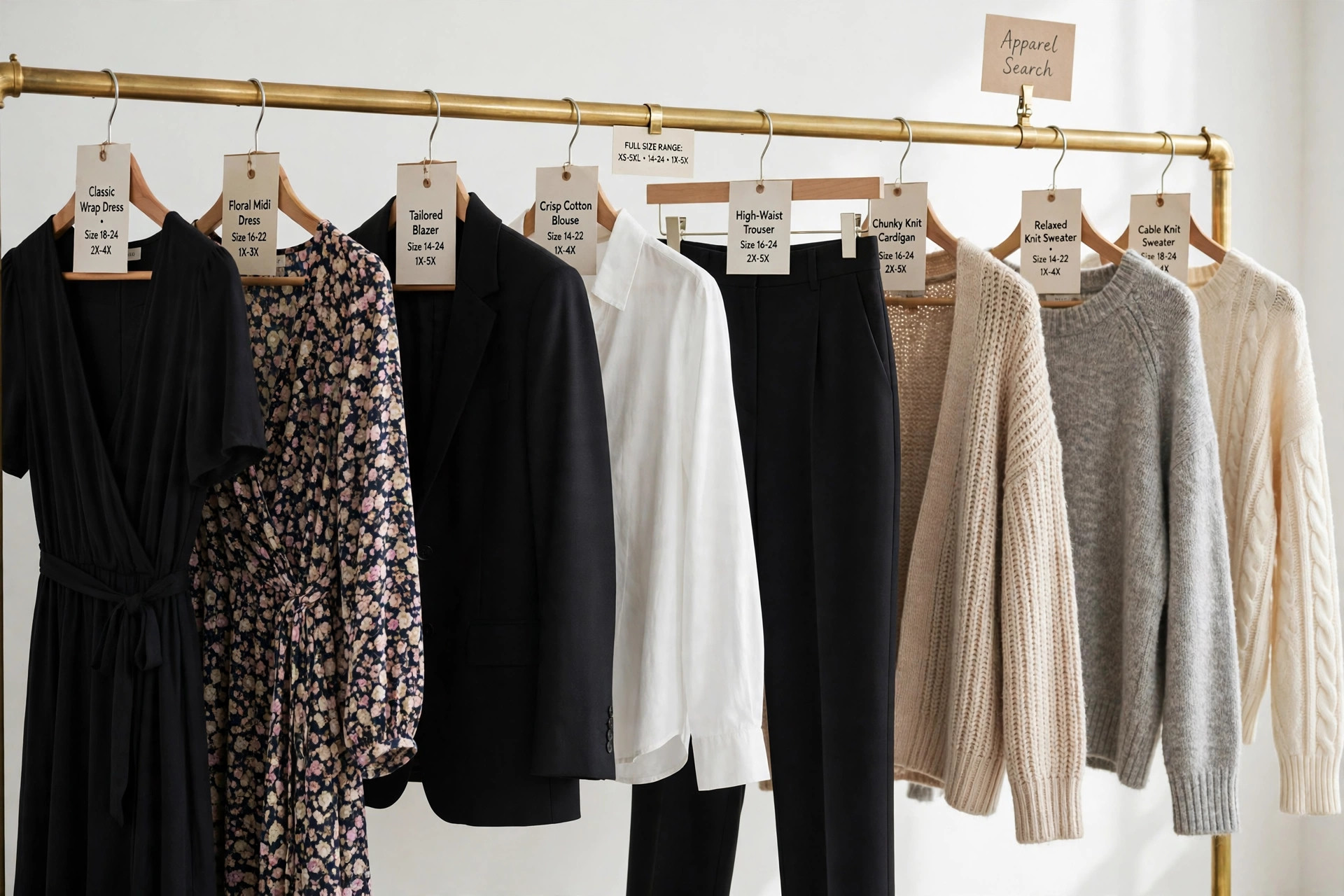 A plus size women's clothing display with classic dresses, career separates and casual knitwear in a full size range on a bright rail and a small Apparel Search sign, product photography with no people