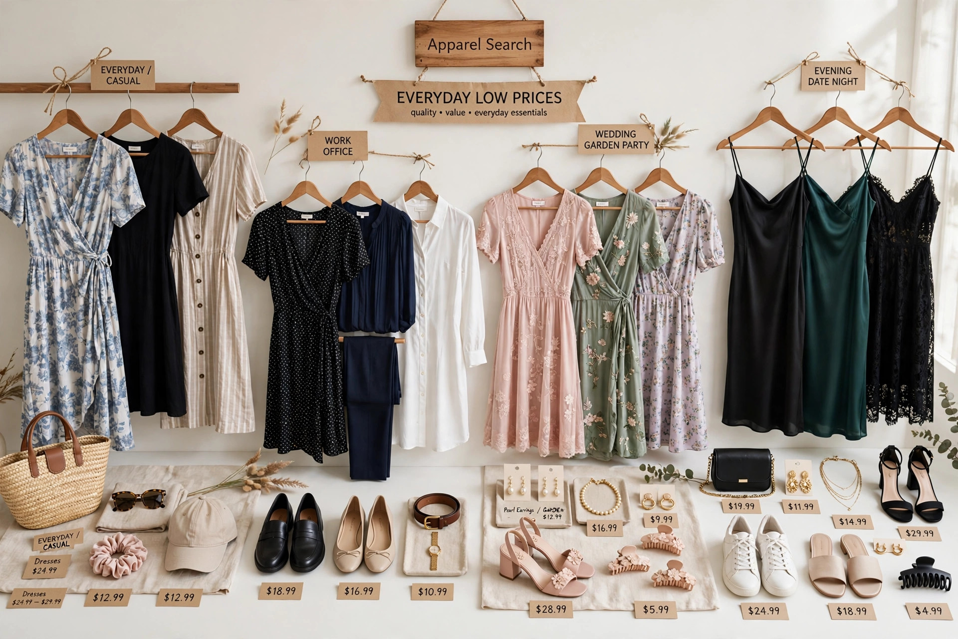 A value fashion store display with women's dresses, jewelry, shoes and accessories arranged by occasion at everyday low prices and a small Apparel Search sign, product photography with no people