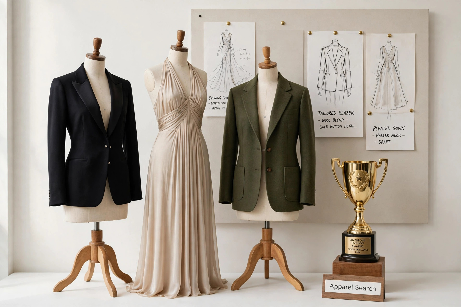 An American fashion awards display with designer garments on forms, a trophy on a pedestal and fashion sketches pinned behind and a small Apparel Search sign, product photography with no people