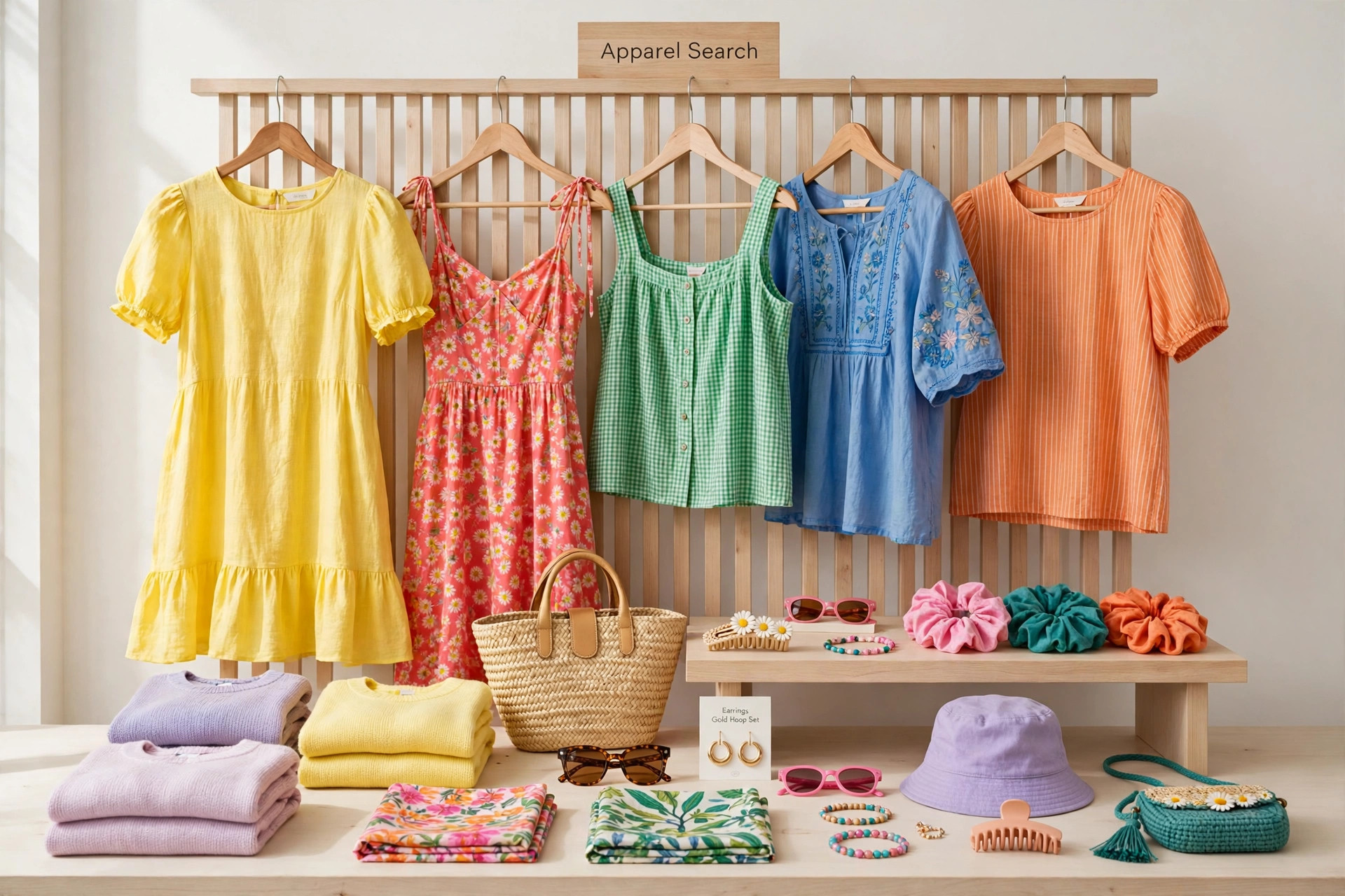 A mall fashion boutique display with young women's trend dresses, tops and accessories in bright seasonal colours and a small Apparel Search sign, product photography with no people