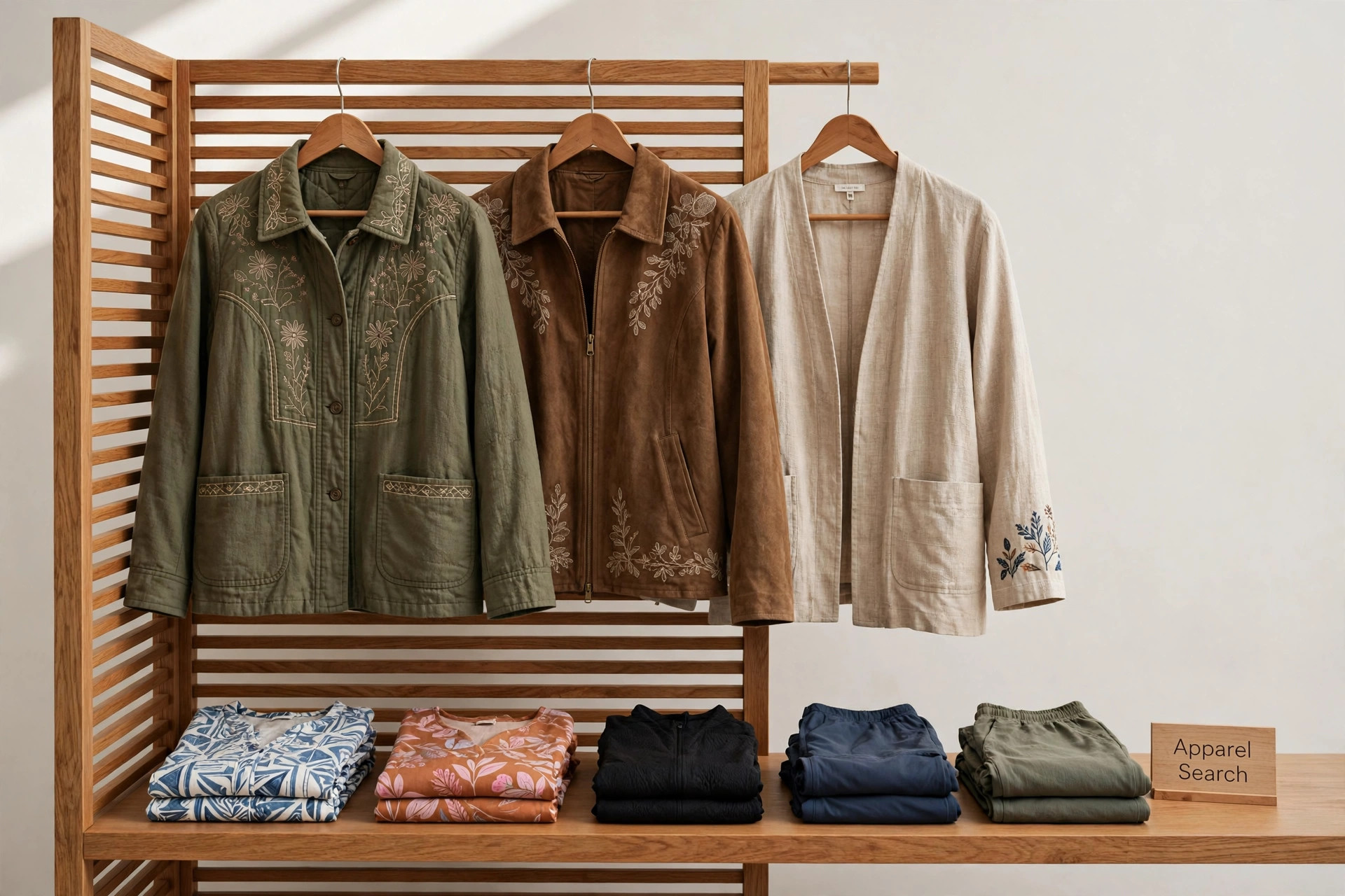 A women's boutique display with artisan jackets, chic printed tops and wrinkle-free travel clothing on warm wooden fixtures and a small Apparel Search sign, product photography with no people
