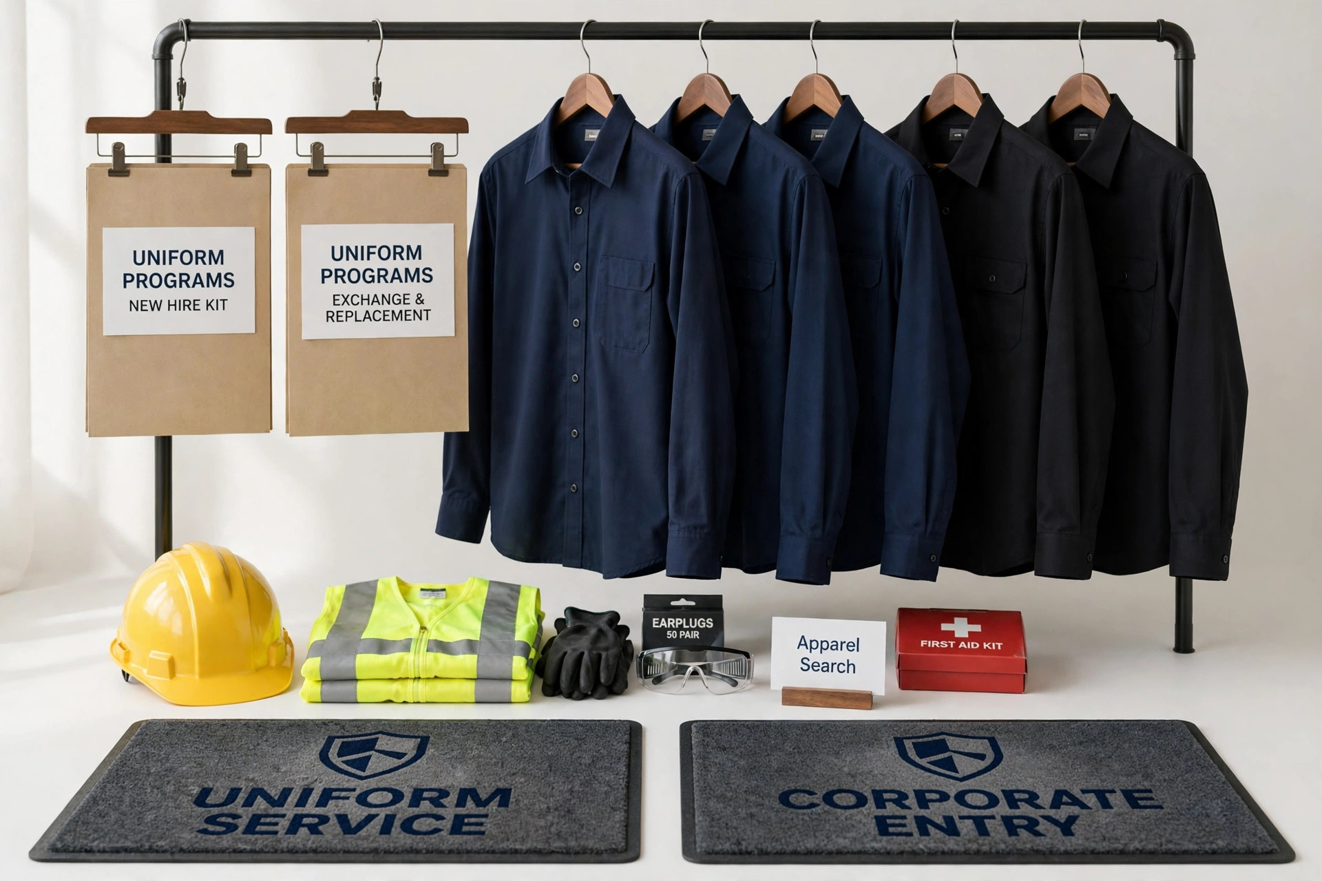 A uniform service display with corporate work shirts, uniform programs on hangers, logo entrance mats and safety supplies arranged neatly and a small Apparel Search sign, product photography with no people