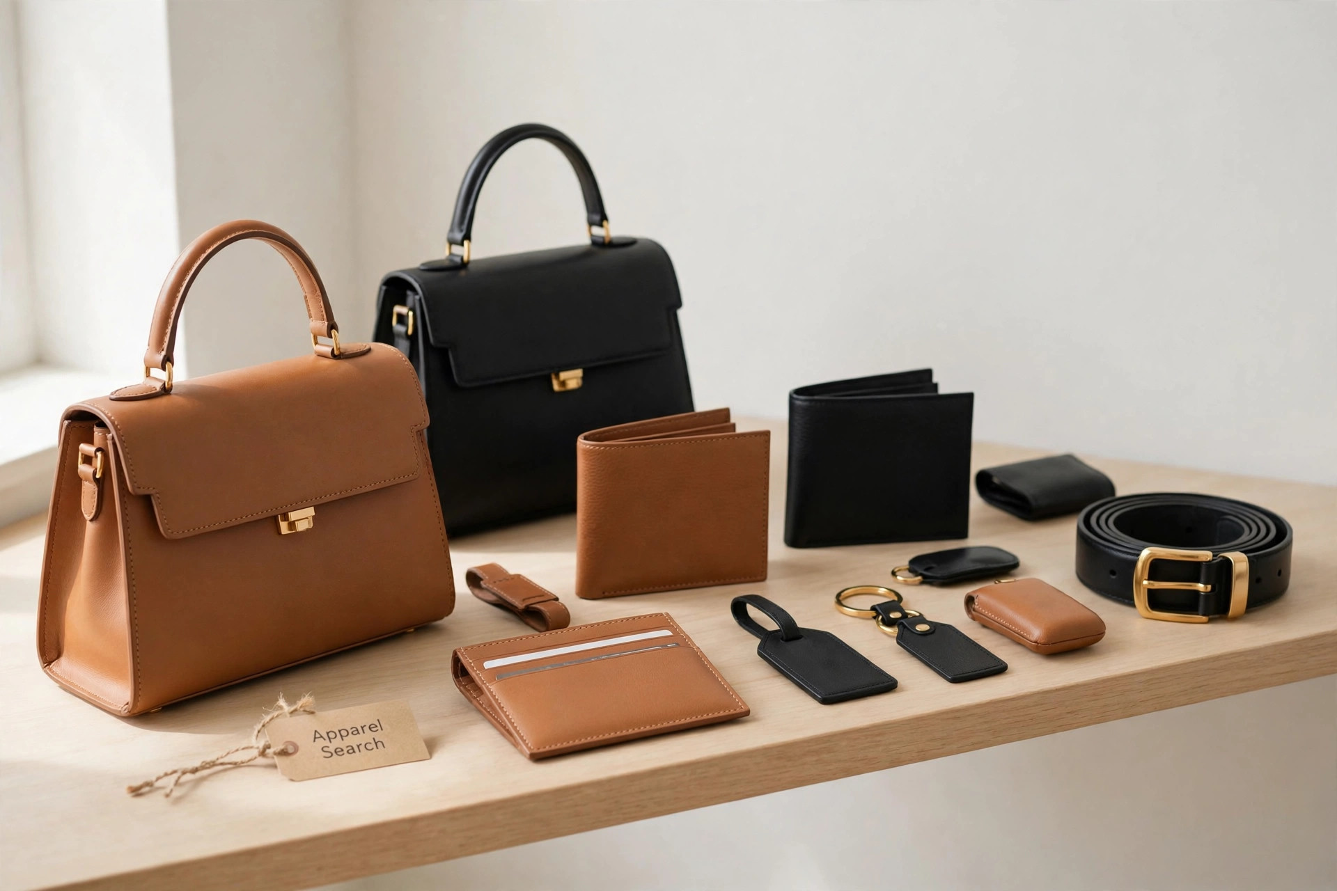 A luxury leather goods display with structured handbags, wallets and leather accessories in tan and black on a clean shelf and a small Apparel Search tag, product photography with no people