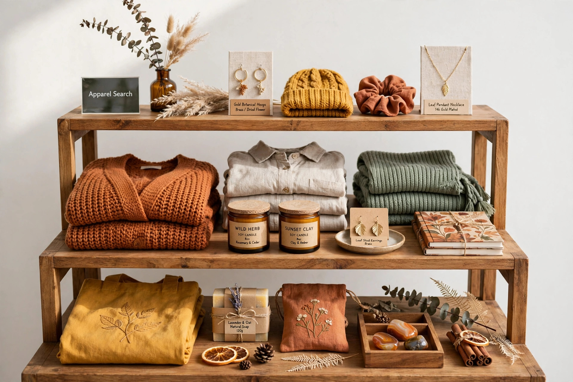 A women's specialty retail display with nature-inspired apparel, jewelry and gifts in warm colours on wooden shelving and a small Apparel Search sign, product photography with no people