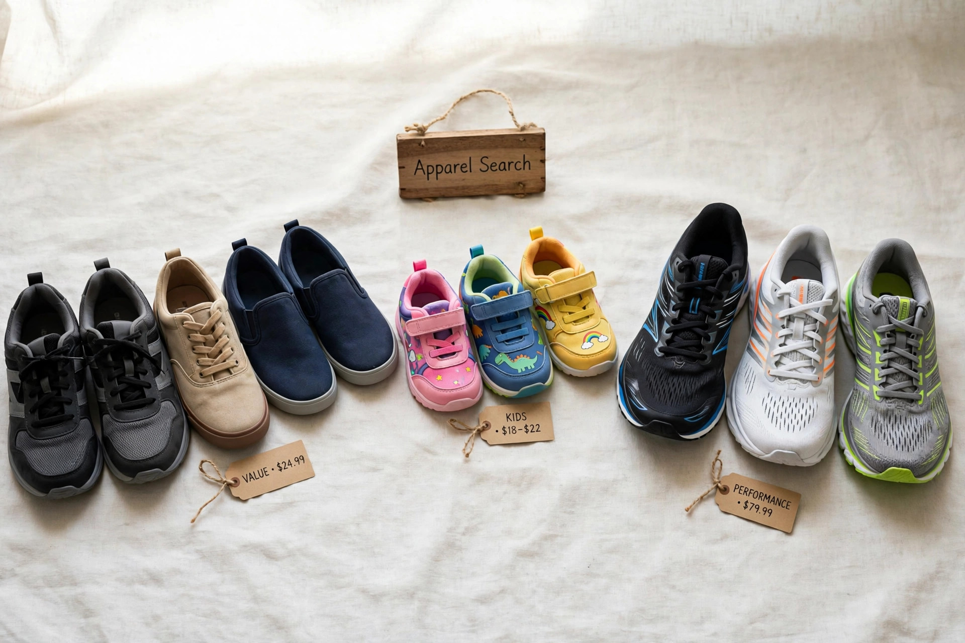 A family footwear group display with value shoes, children's shoes and performance sneakers from several brands arranged together and a small Apparel Search sign, product photography with no people