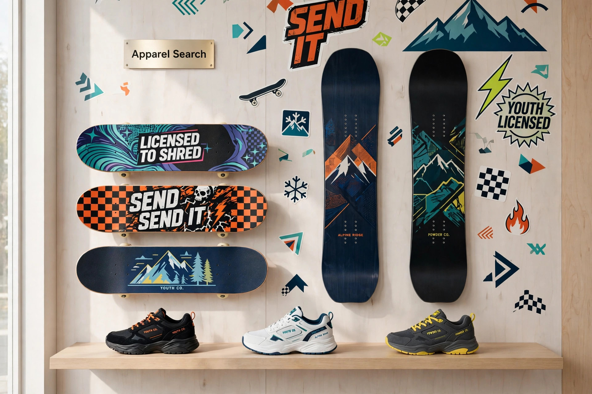 A youth licensing studio display with skateboards, snowboards and branded sneakers on a wall of action sports graphics and a small Apparel Search sign, product photography with no people