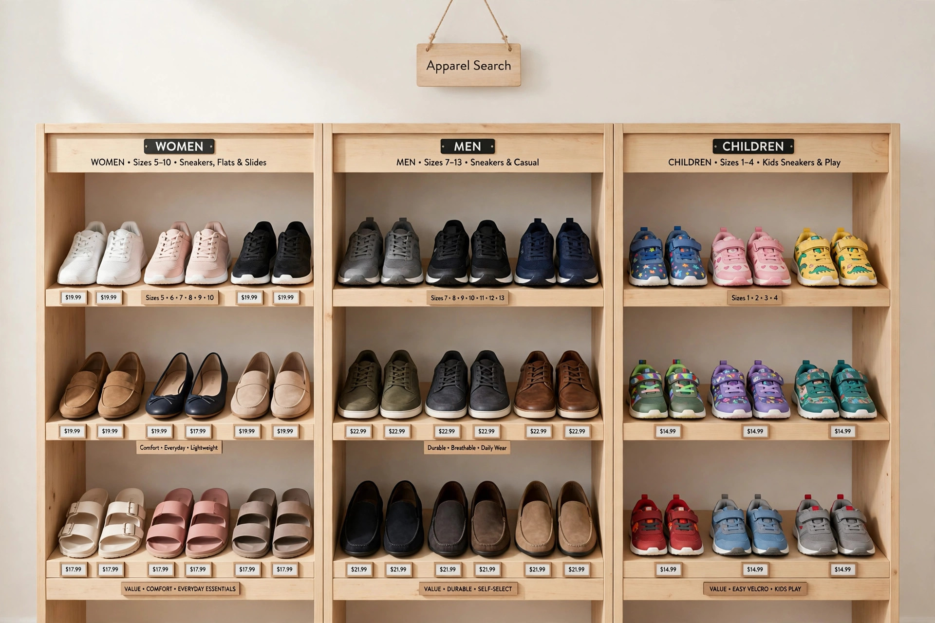 A self-select family shoe store display with rows of value footwear for women, men and children organised by size and style and a small Apparel Search sign, product photography with no people