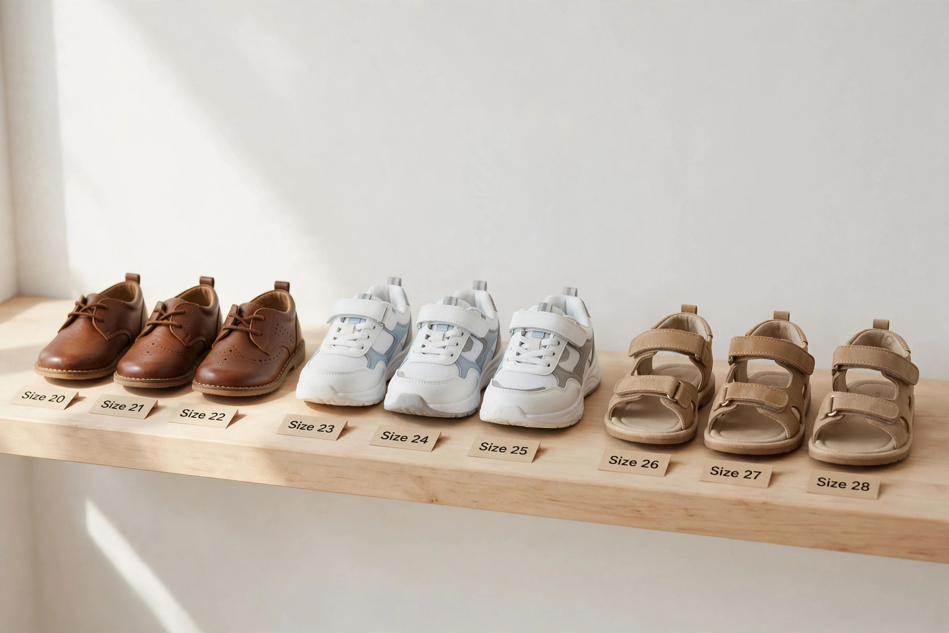 A children's footwear product display with small leather shoes, sneakers and sandals arranged by size on a clean shelf, product photography of shoes only with no people and no children