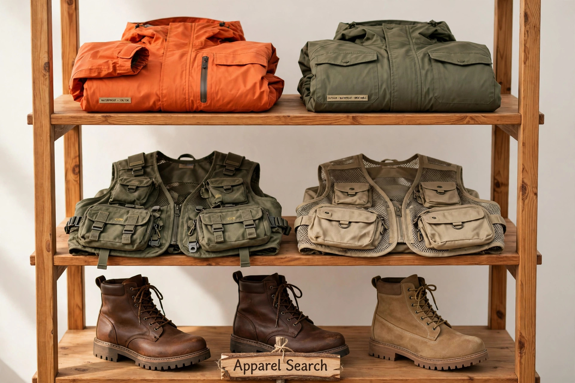 An outdoor clothing display with waterproof jackets, fishing vests and rugged boots on wooden shelves and a small Apparel Search sign, product photography with no people