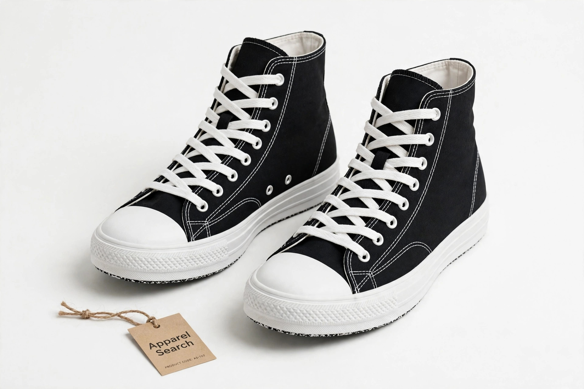 A pair of black and white high-top canvas sneakers with white toe caps and laces on a clean studio background and a small Apparel Search tag, product photography with no people