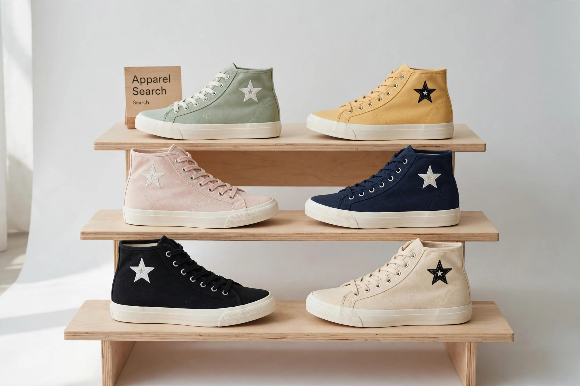 A display of canvas sneakers in several colours with star ankle patches, arranged on tiered shelves with a small Apparel Search sign, product photography with no people