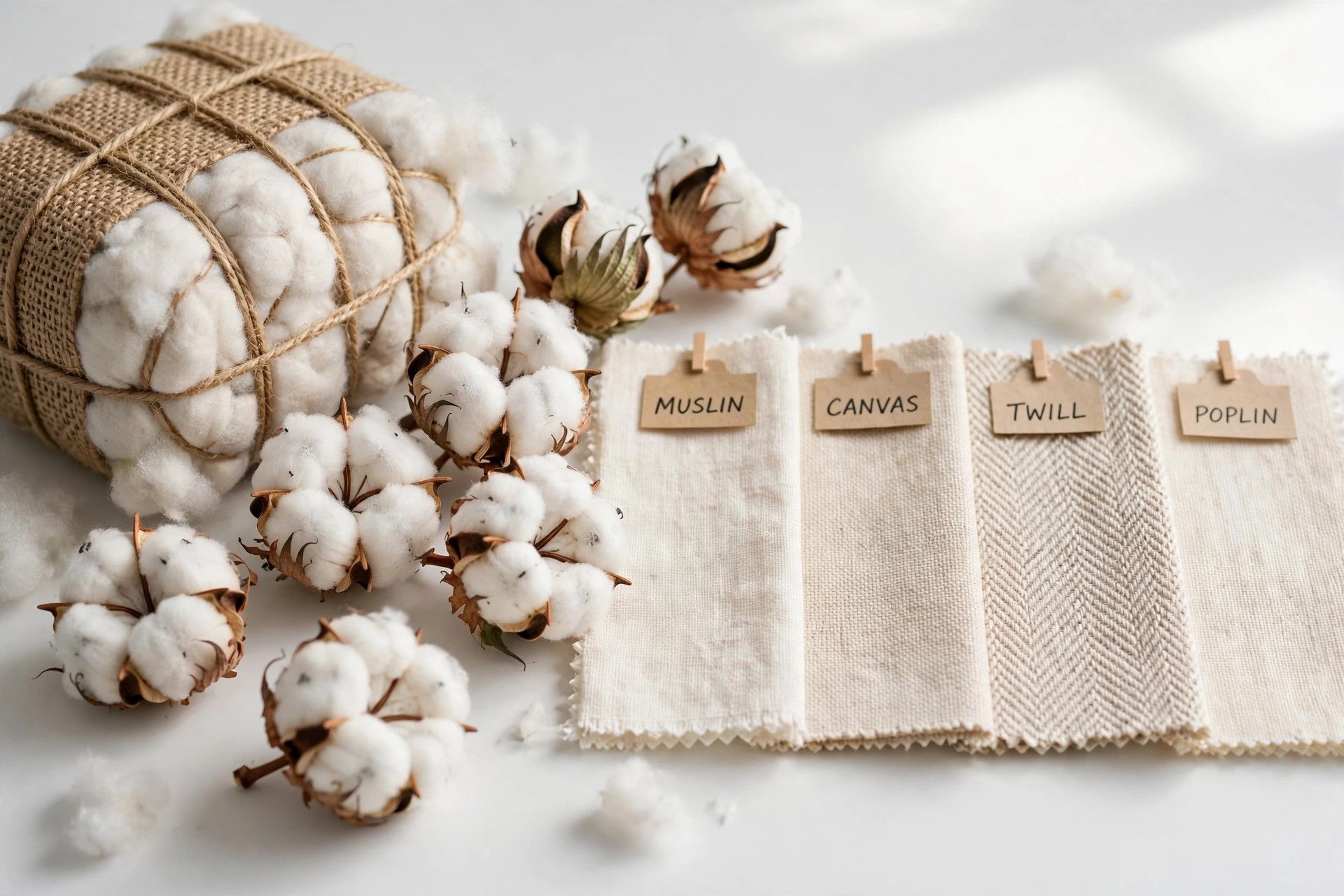 Raw cotton bolls and a bale of cotton fibre beside woven cotton fabric samples in a bright studio, product photography with no people