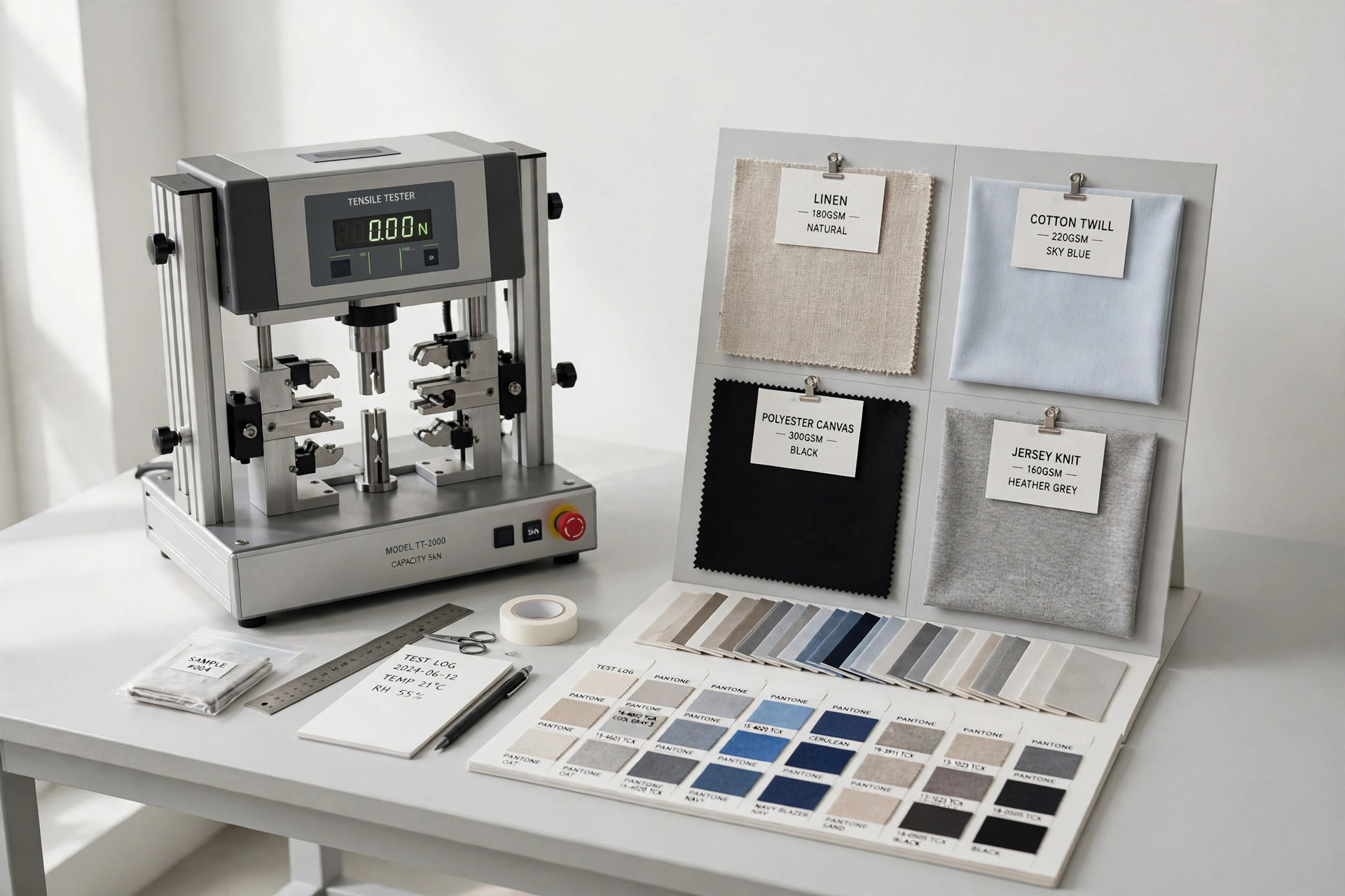 A textile testing laboratory bench with fabric samples, a tensile tester and colour swatches arranged neatly, product photography with no people