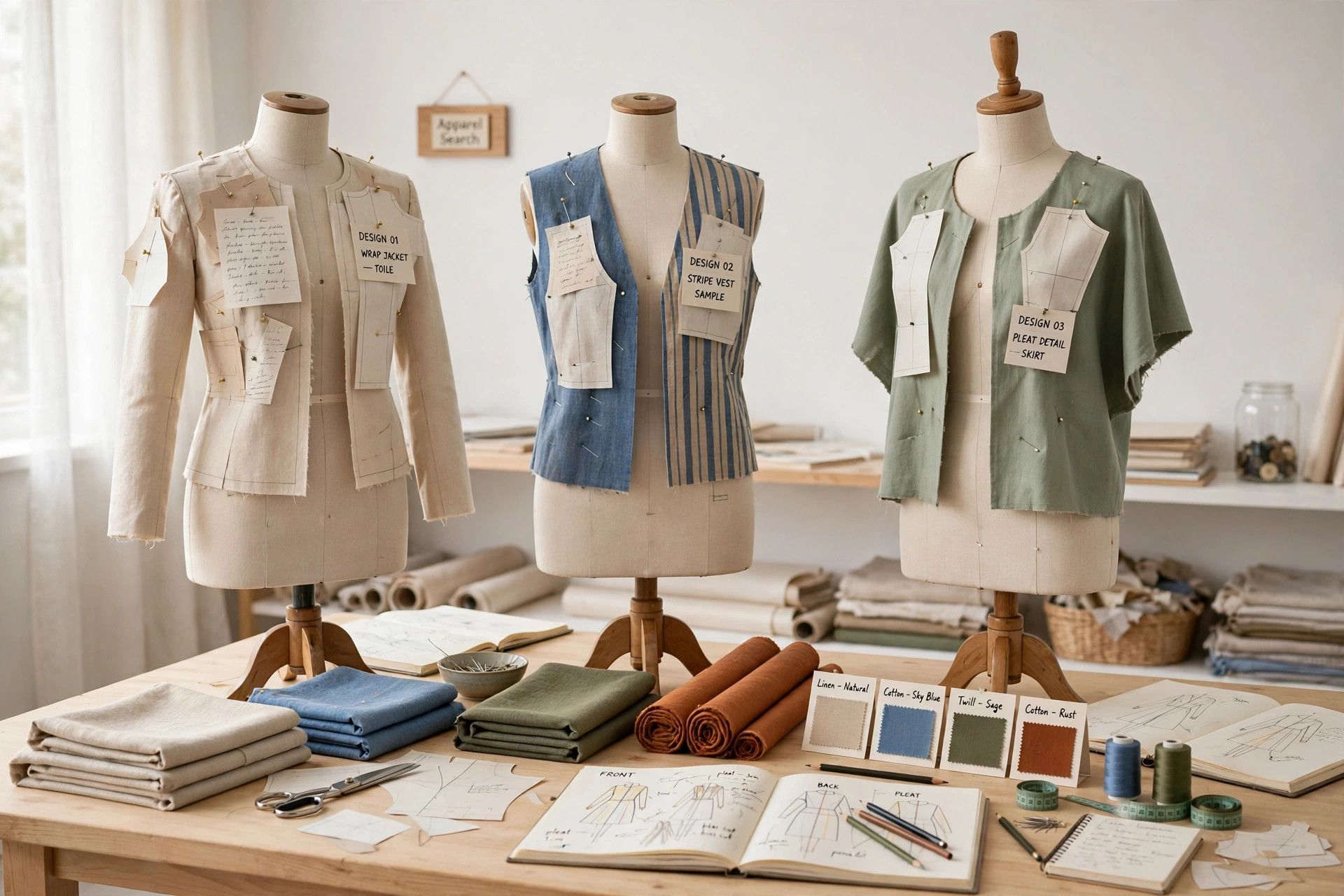 A fashion college studio with student garment designs on dress forms, fabric on cutting tables and sketchbooks in a bright workshop and a small Apparel Search sign, product photography with no people