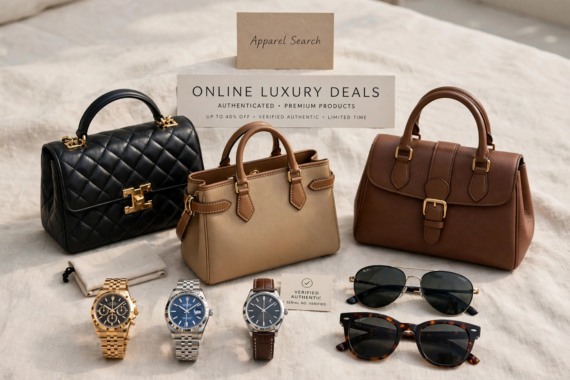 An online luxury deals display with designer handbags, watches and sunglasses arranged as authenticated premium products and a small Apparel Search sign, product photography with no people