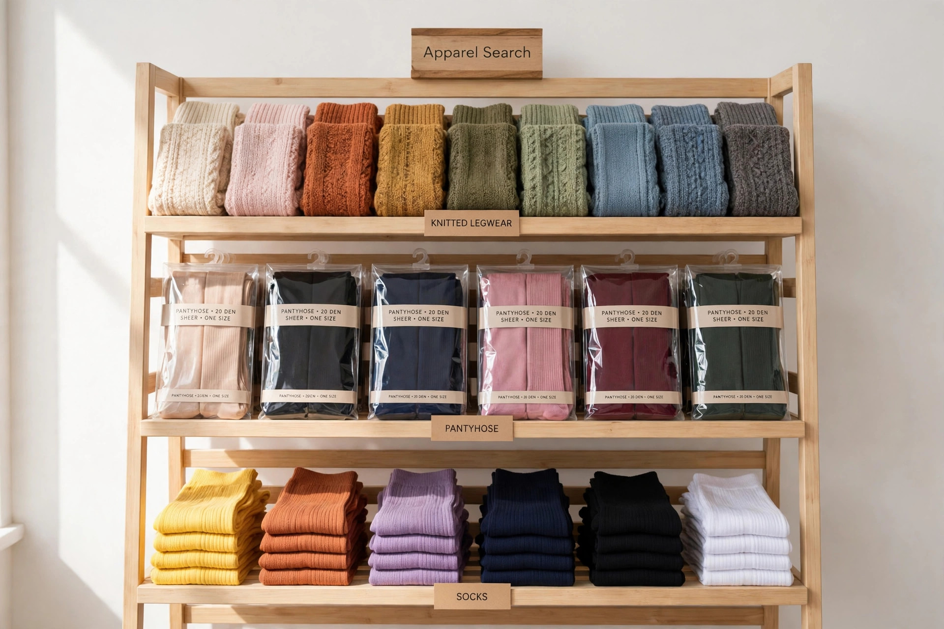 A hosiery trade show display with socks, pantyhose and knitted legwear in many colours arranged by type on exhibition shelving and a small Apparel Search sign, product photography with no people