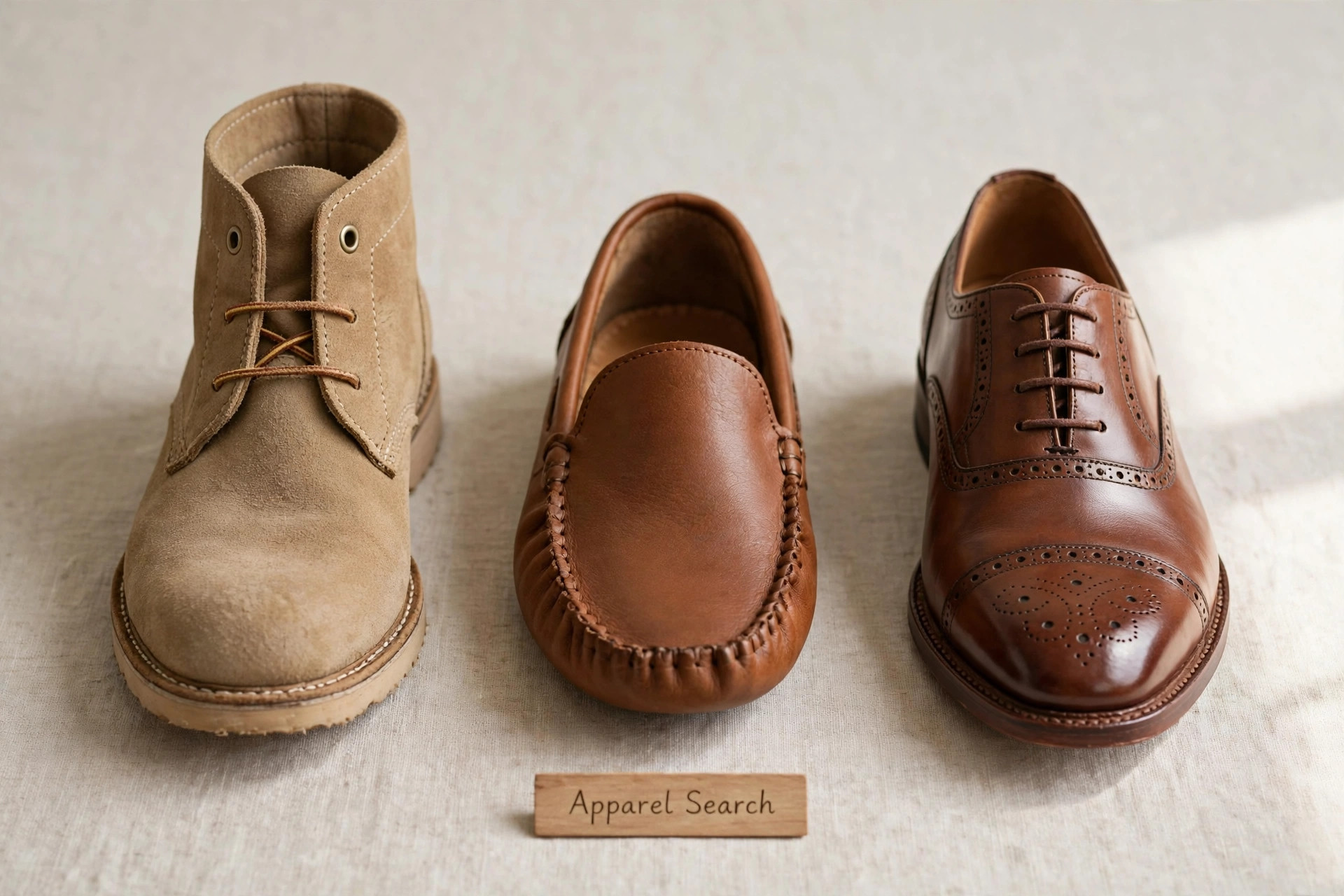 A heritage shoe display with desert boots, leather slippers and classic shoes in a row showing craft construction and a small Apparel Search sign, product photography with no people