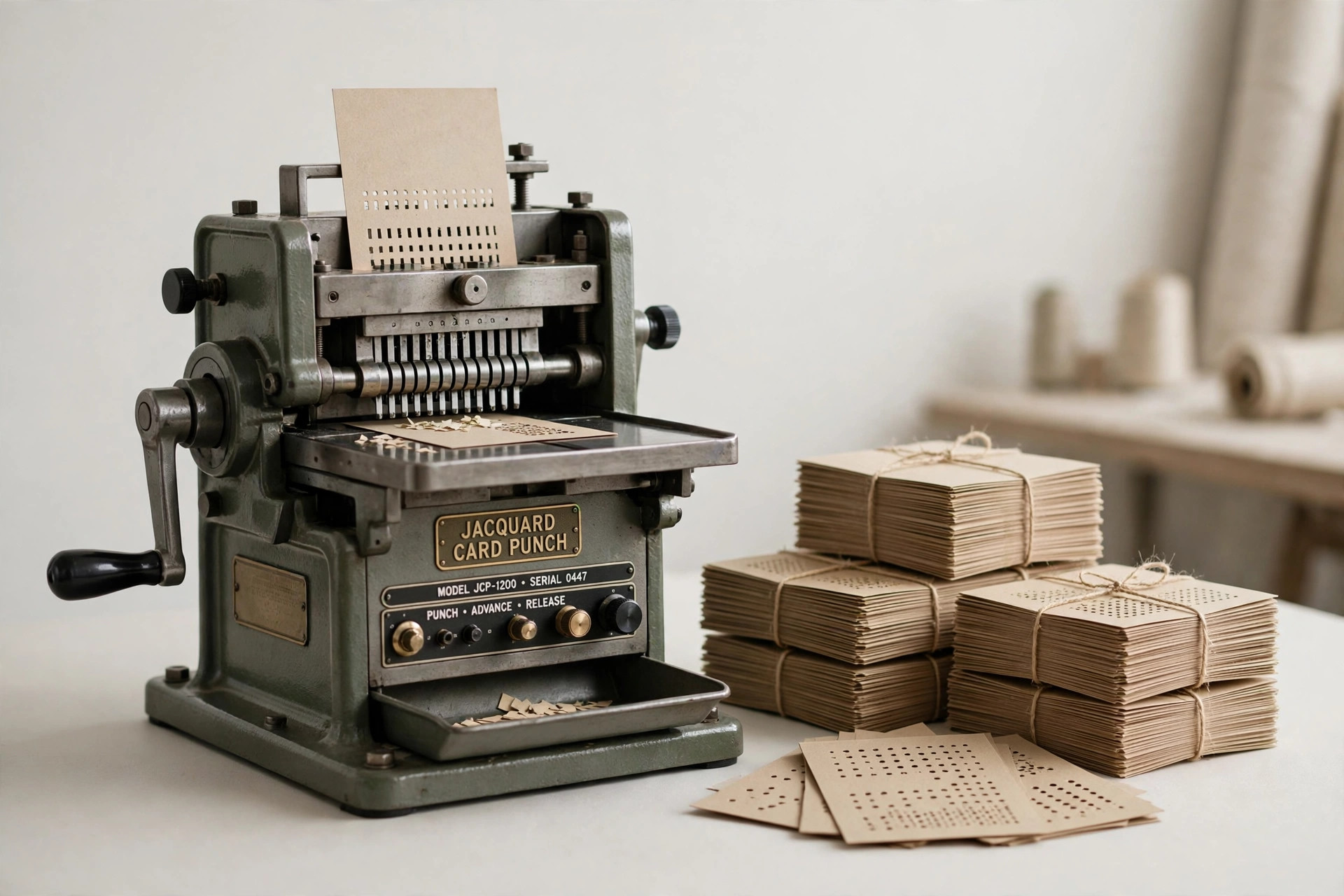 An industrial jacquard card punching machine with stacks of punched pattern cards beside it in a textile workshop, product photography with no people