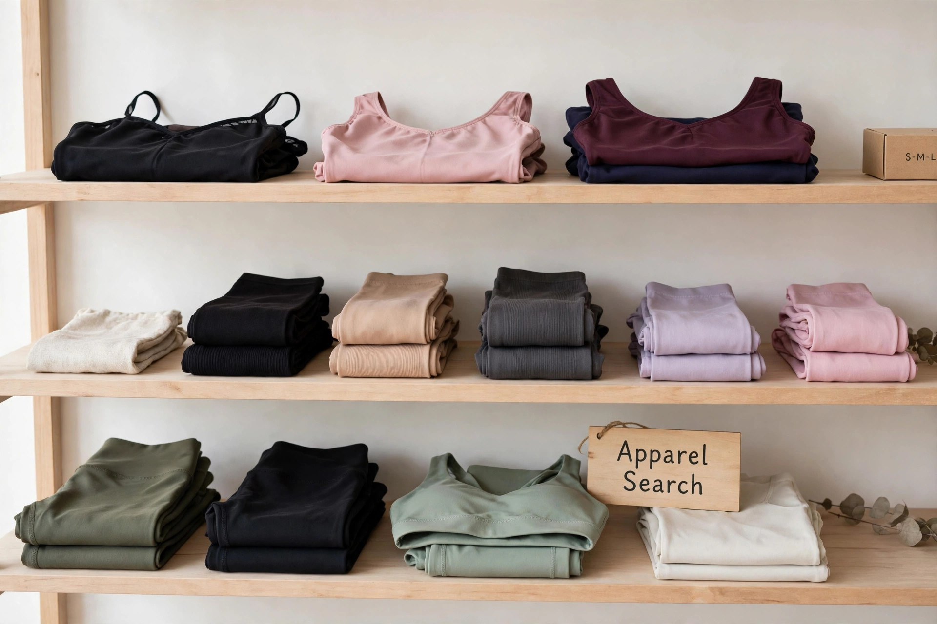 A dance and activewear display with leotards, tights and yoga apparel folded on studio shelves and a small Apparel Search sign, product photography with no people