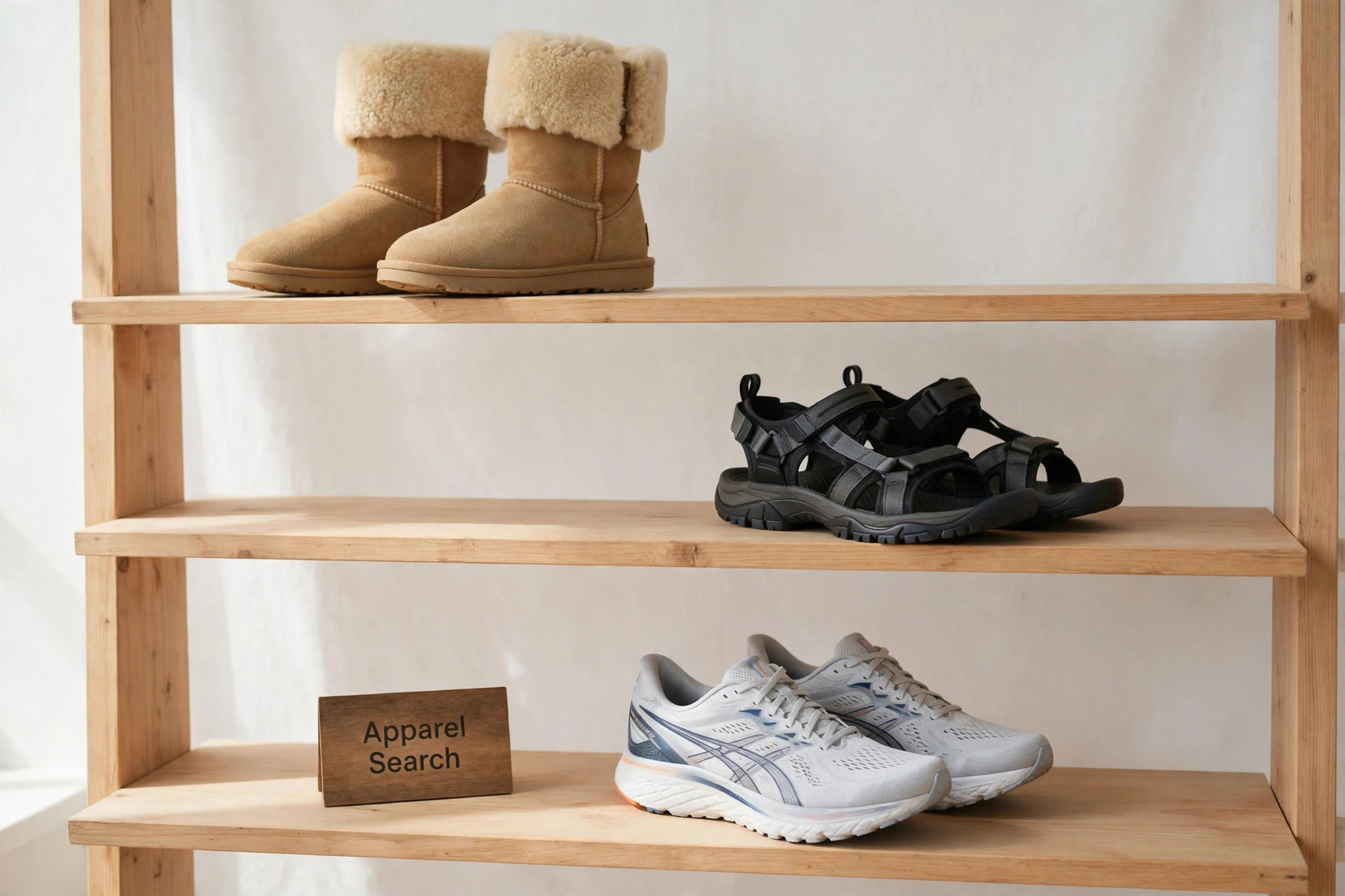 A footwear display with sheepskin boots, sport sandals and running shoes arranged on wooden shelves and a small Apparel Search sign, product photography with no people