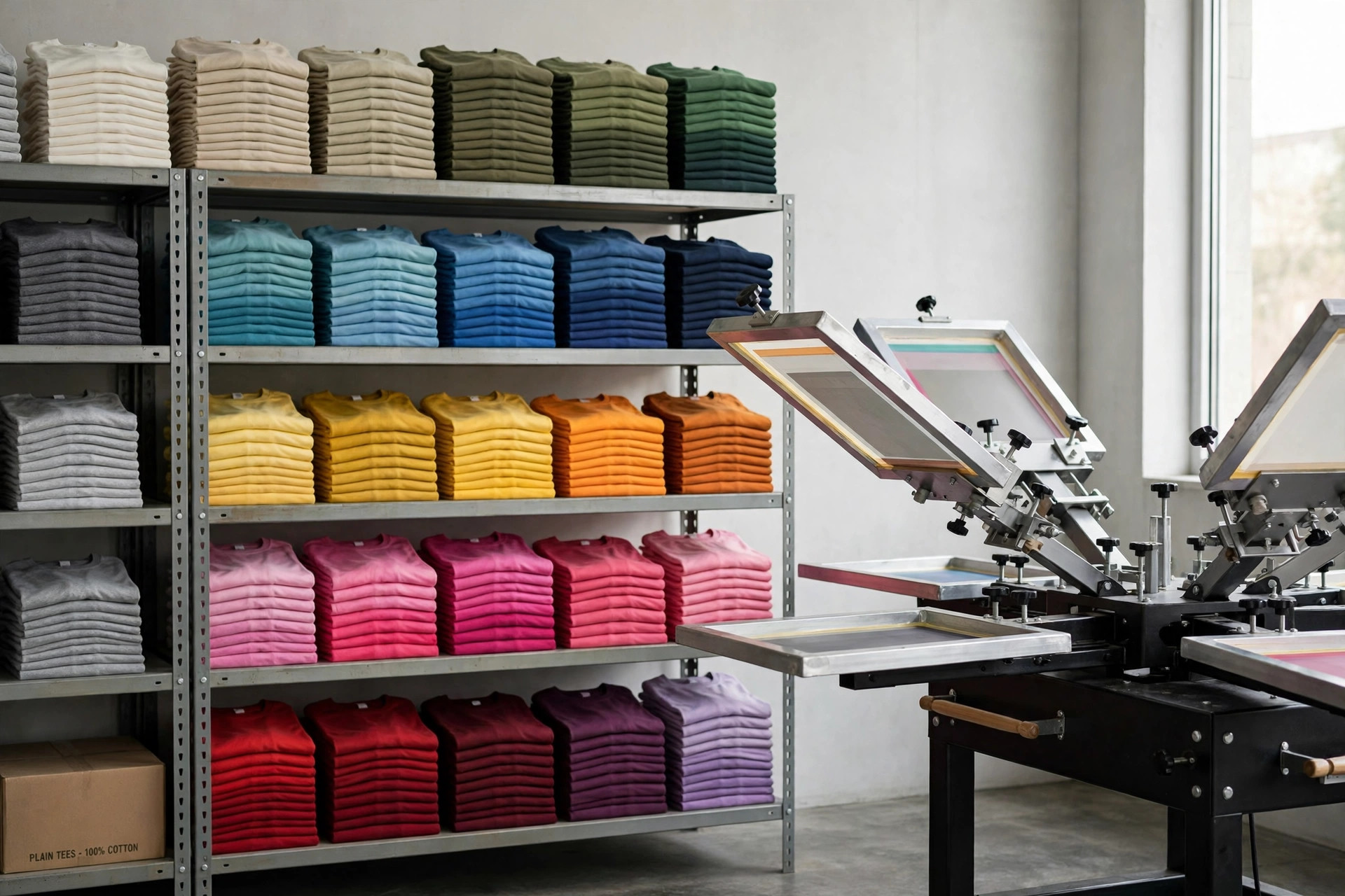 Stacks of blank t-shirts in many colours on warehouse shelves beside a screen printing press, product photography with no people