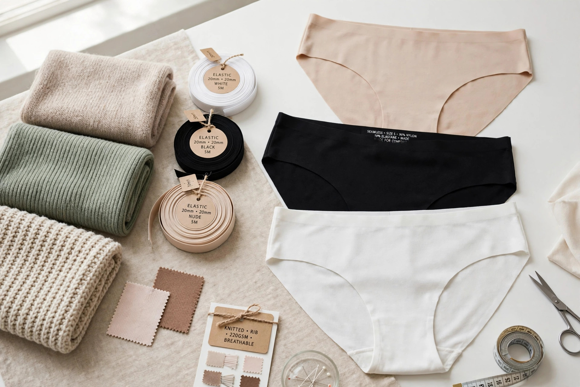 A textile production display with knitted fabrics, elastic ribbons and seamless underwear garments on a clean studio table, product photography with no people