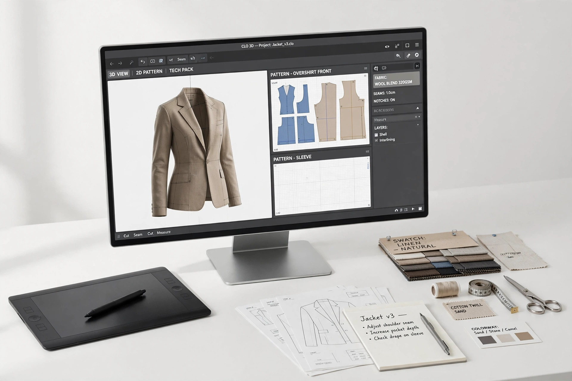 A 3D fashion design workstation display showing a digital garment model and pattern software on screen in a clean studio, product photography with no people