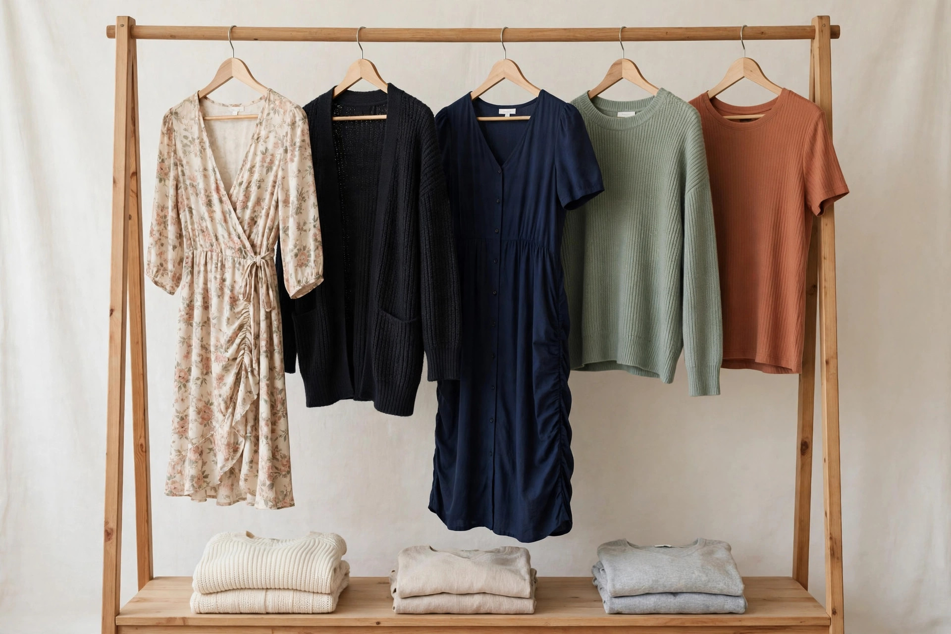 A maternity clothing display with dresses, tops and knitwear for expectant mothers on a clean boutique rail, product photography with no people