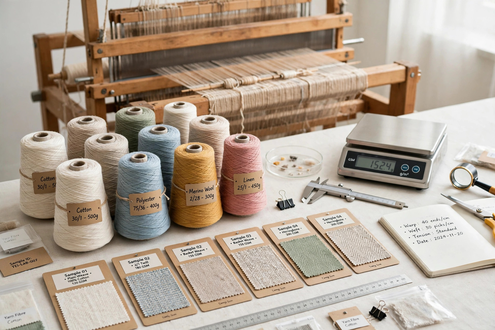 A textile engineering institute scene with looms, yarn cones and laboratory fabric samples in a bright workshop, product photography with no people