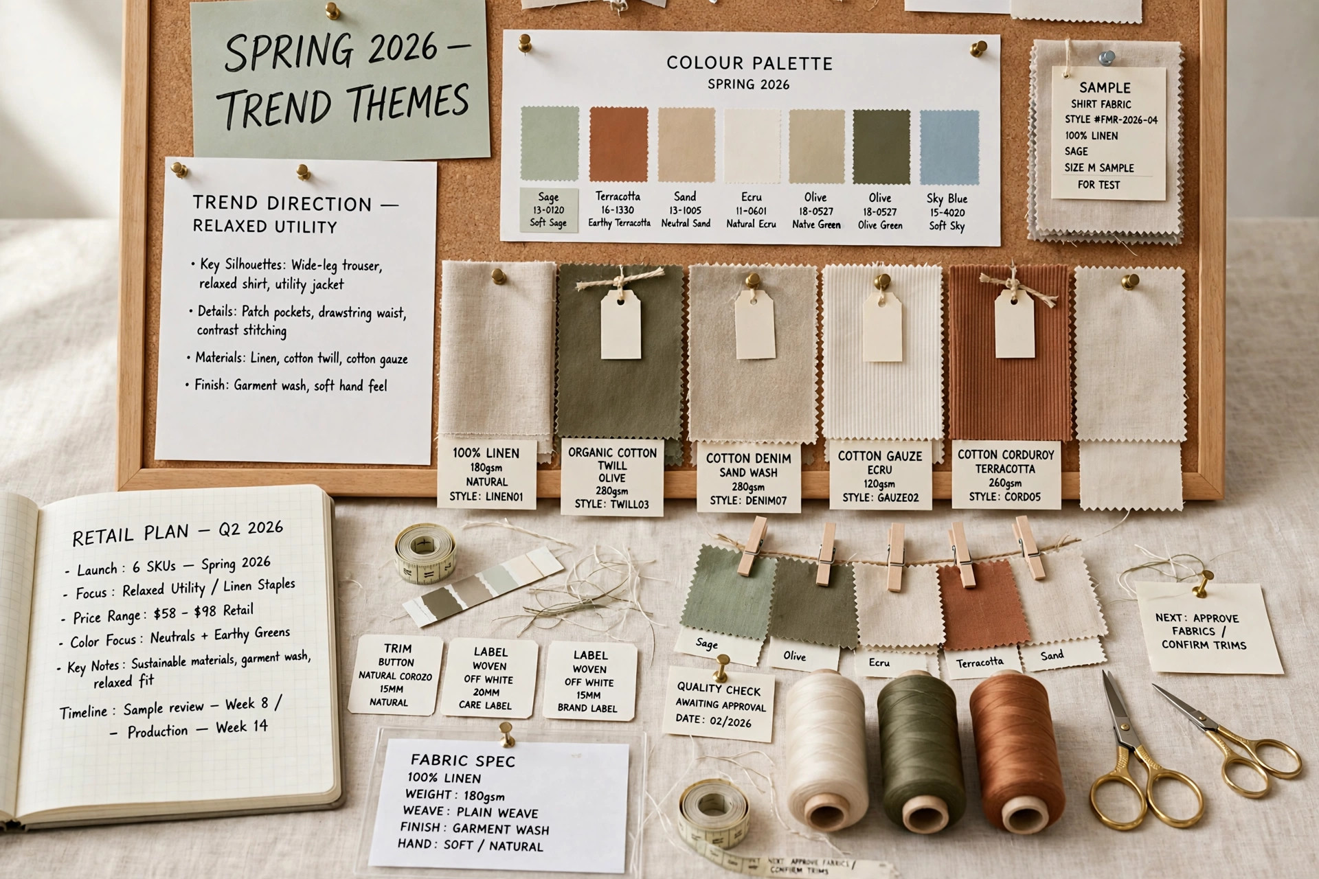 A fashion merchandising office with trend boards, colour swatches and garment samples pinned for retail planning, product photography with no people