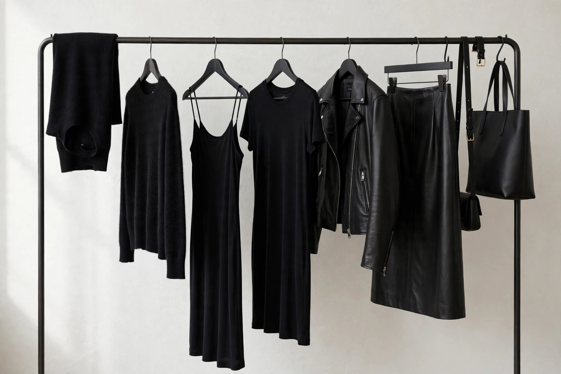 An elegant womenswear display with black cashmere, jersey dresses and leather pieces on a minimalist boutique rail, product photography with no people