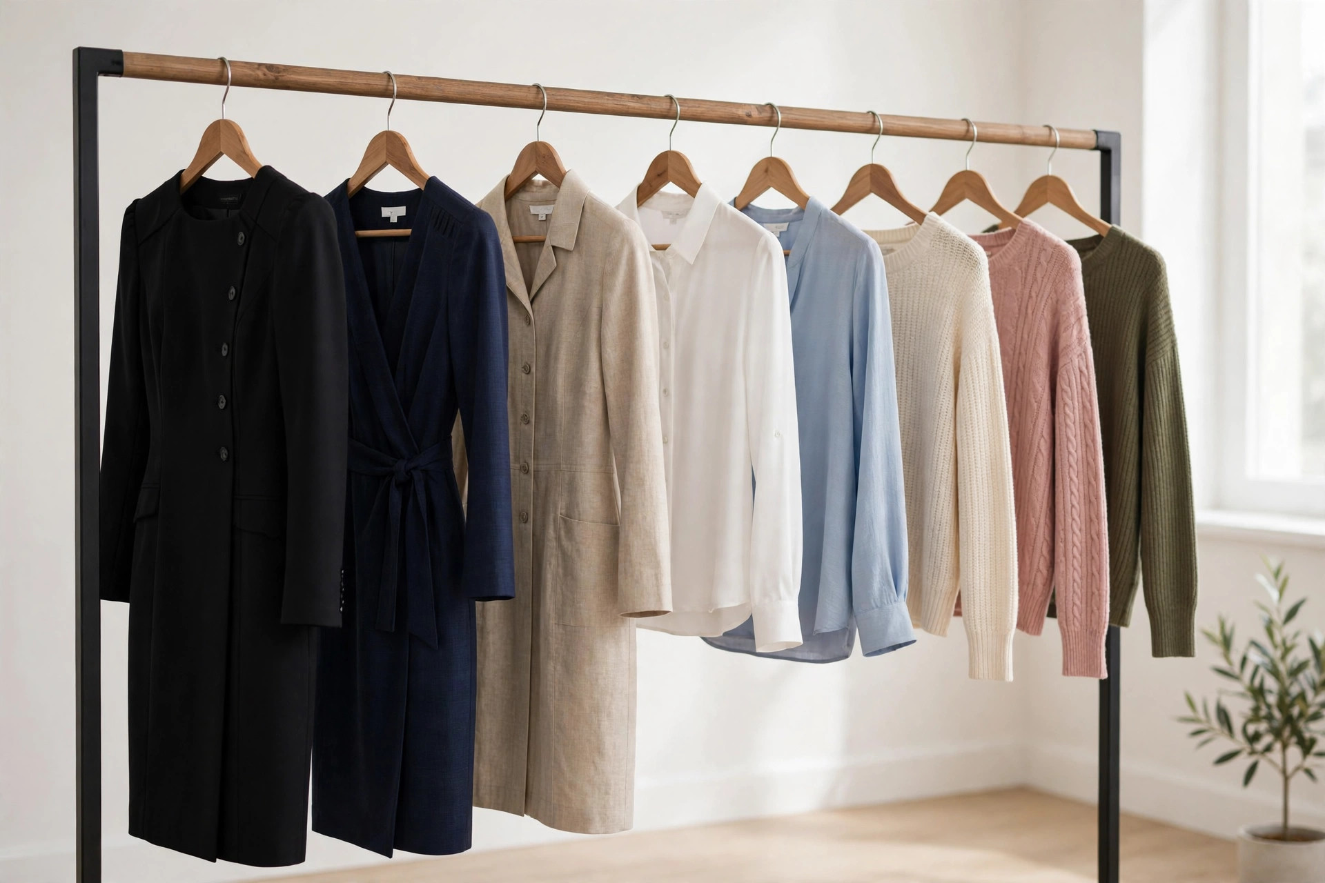 A women's clothing store rail with career dresses, blouses and knit tops in a bright specialty store, product photography with no people