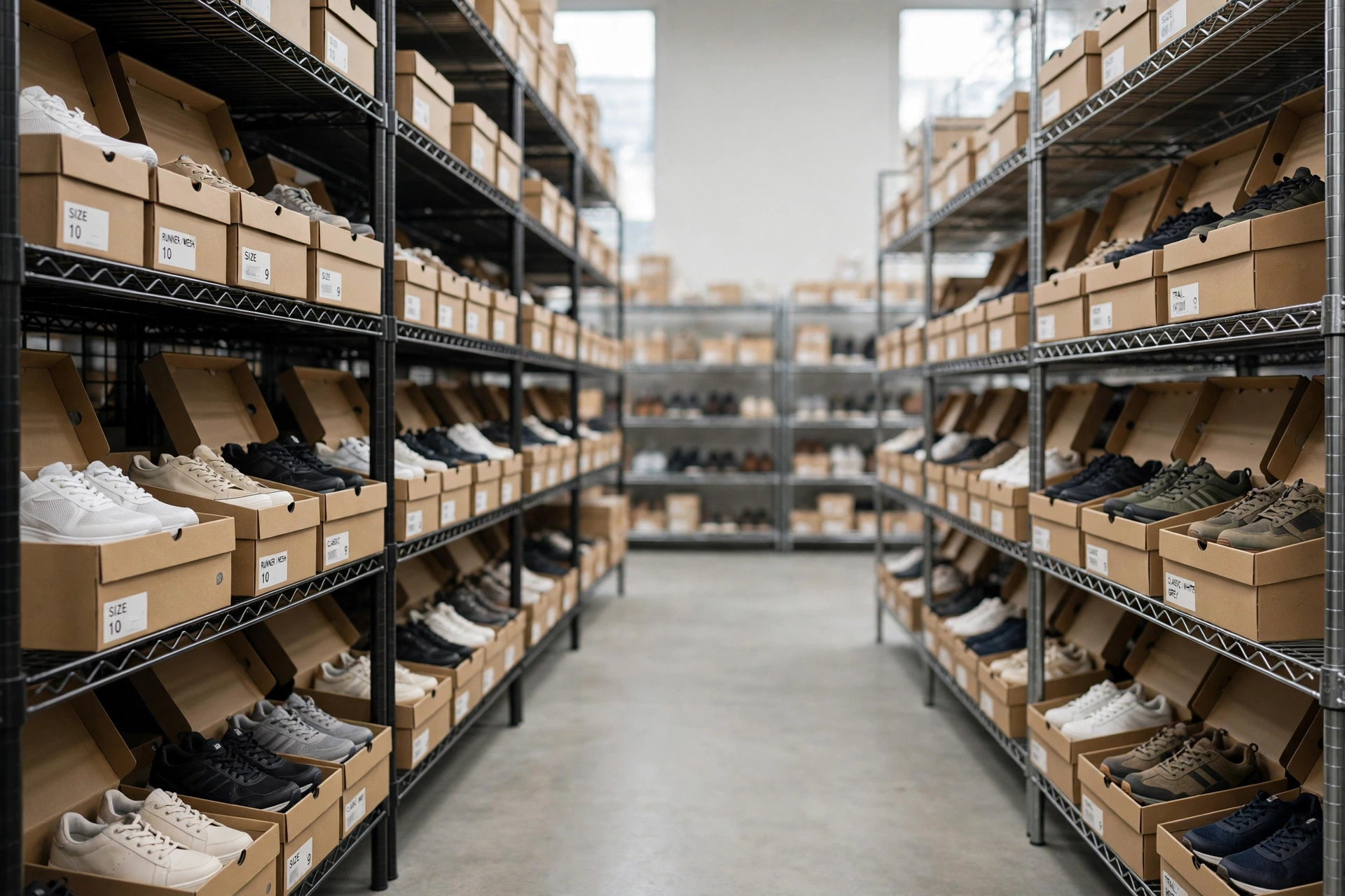 A warehouse-style shoe store aisle with open shoe boxes and rows of footwear on long shelves, product photography with no people