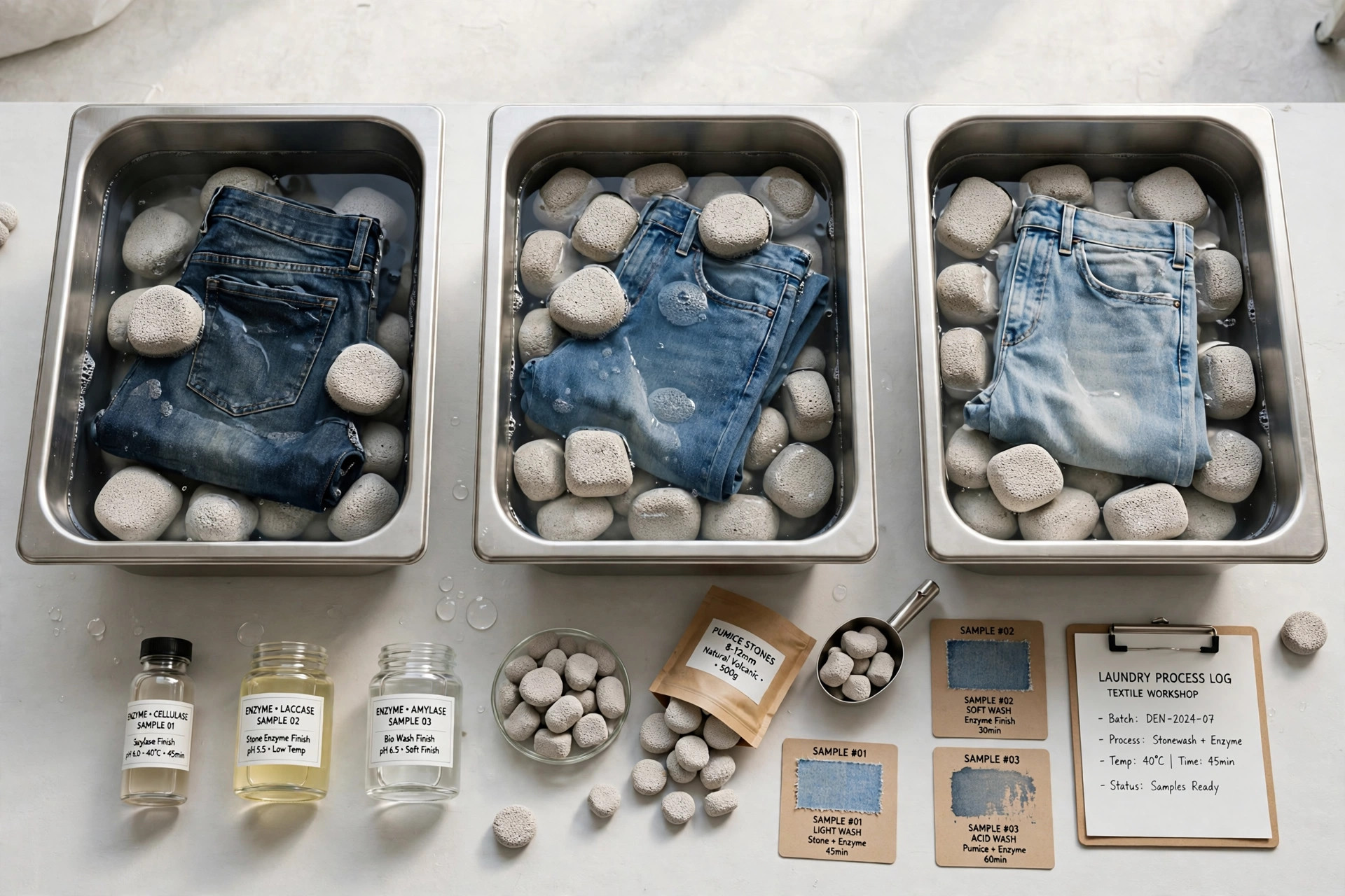 Denim jeans in wash tubs with pumice stones and enzyme finishing samples in a textile laundry workshop, product photography with no people