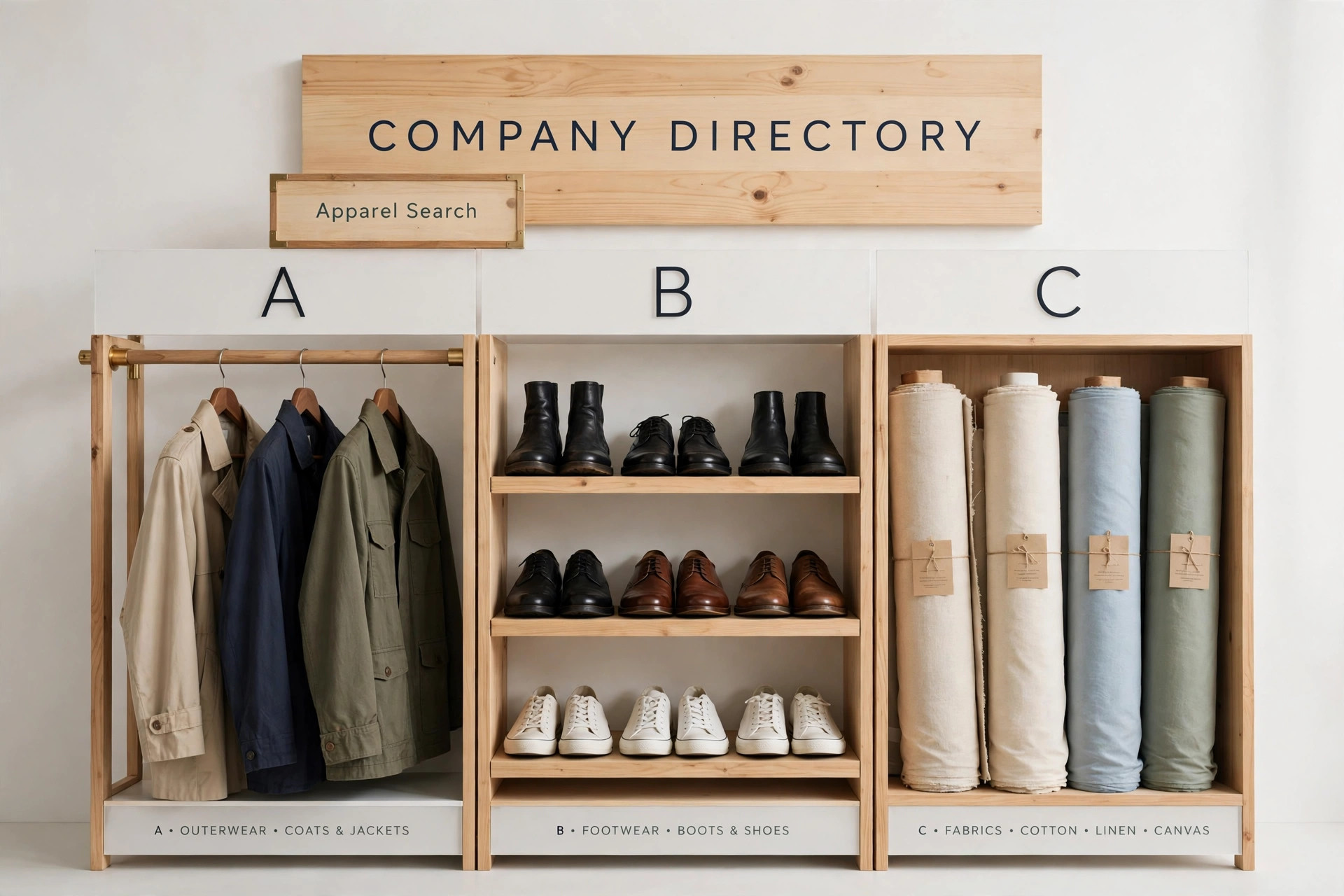 An alphabetical company directory display with clothing rails, shoe shelves and fabric rolls arranged by letter and a small Apparel Search sign, product photography with no people