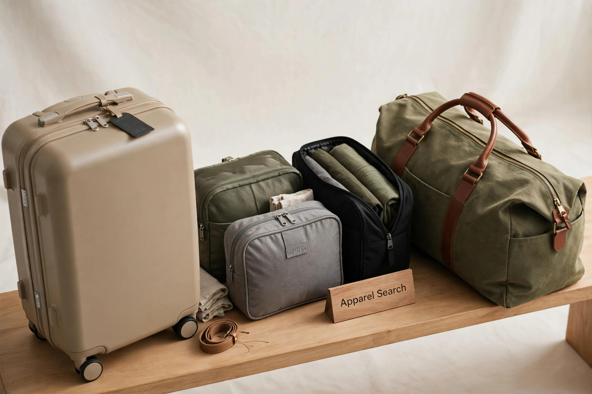 Travel luggage, packing organizers and a duffel bag arranged on a studio bench with a small Apparel Search sign, product photography with no people