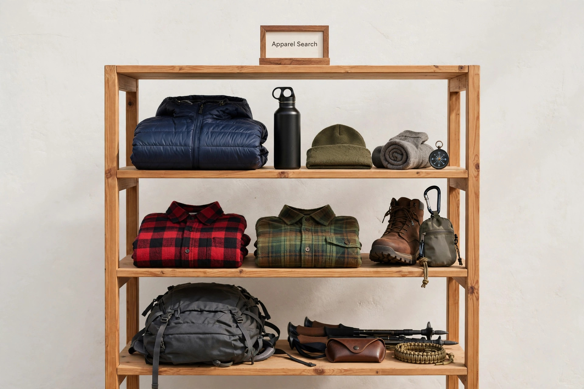 Outdoor clothing including a down jacket, flannel shirts and hiking gear arranged on wooden shelving with a small Apparel Search sign, product photography with no people