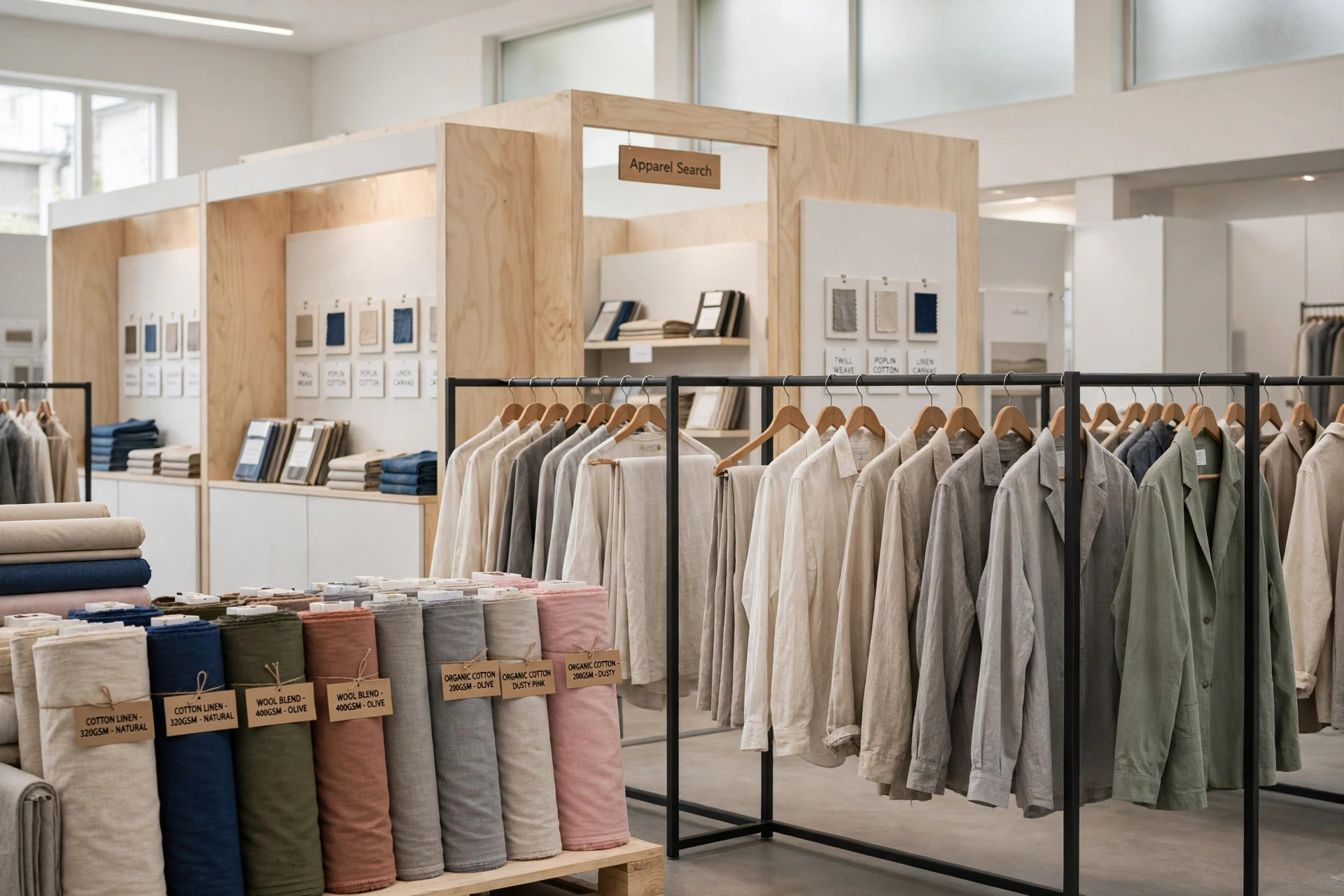 A textile trade fair hall with fabric rolls, garment rails and exhibition booths and a small Apparel Search sign, product photography with no people