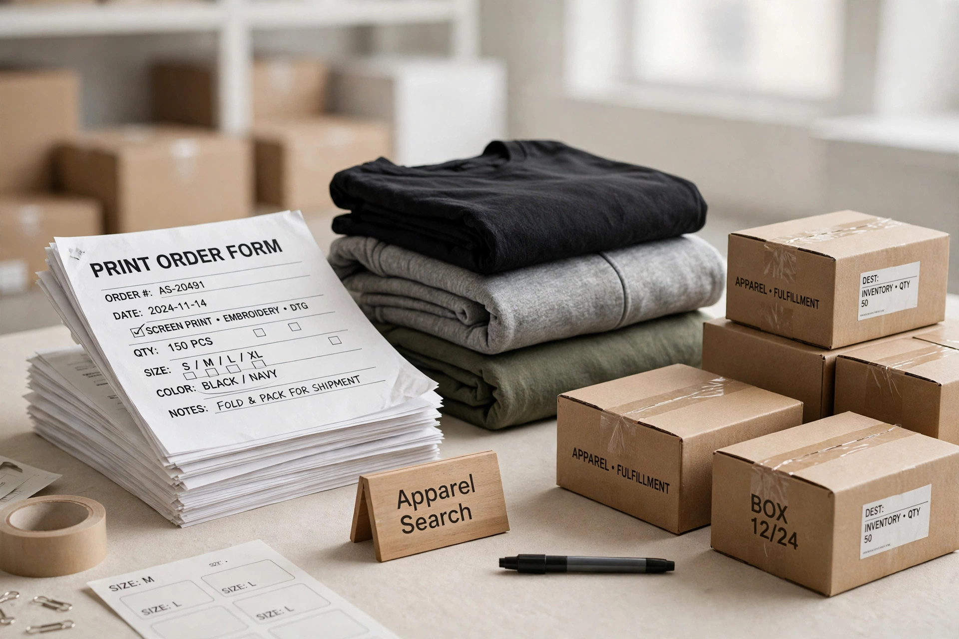 A printing and apparel warehouse scene with printed forms, folded garments and cartons and a small Apparel Search sign, product photography with no people