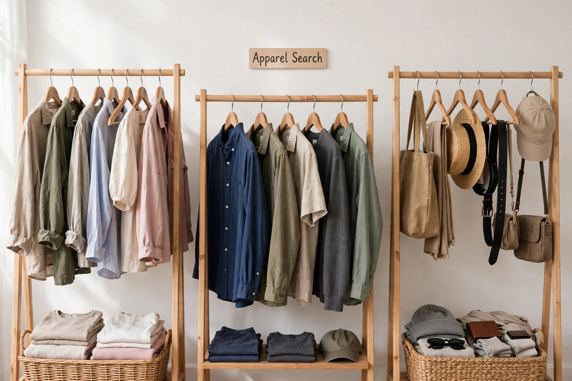 A bright lifestyle clothing store display with casual womenswear, menswear and accessories rails and a small Apparel Search sign, product photography with no people