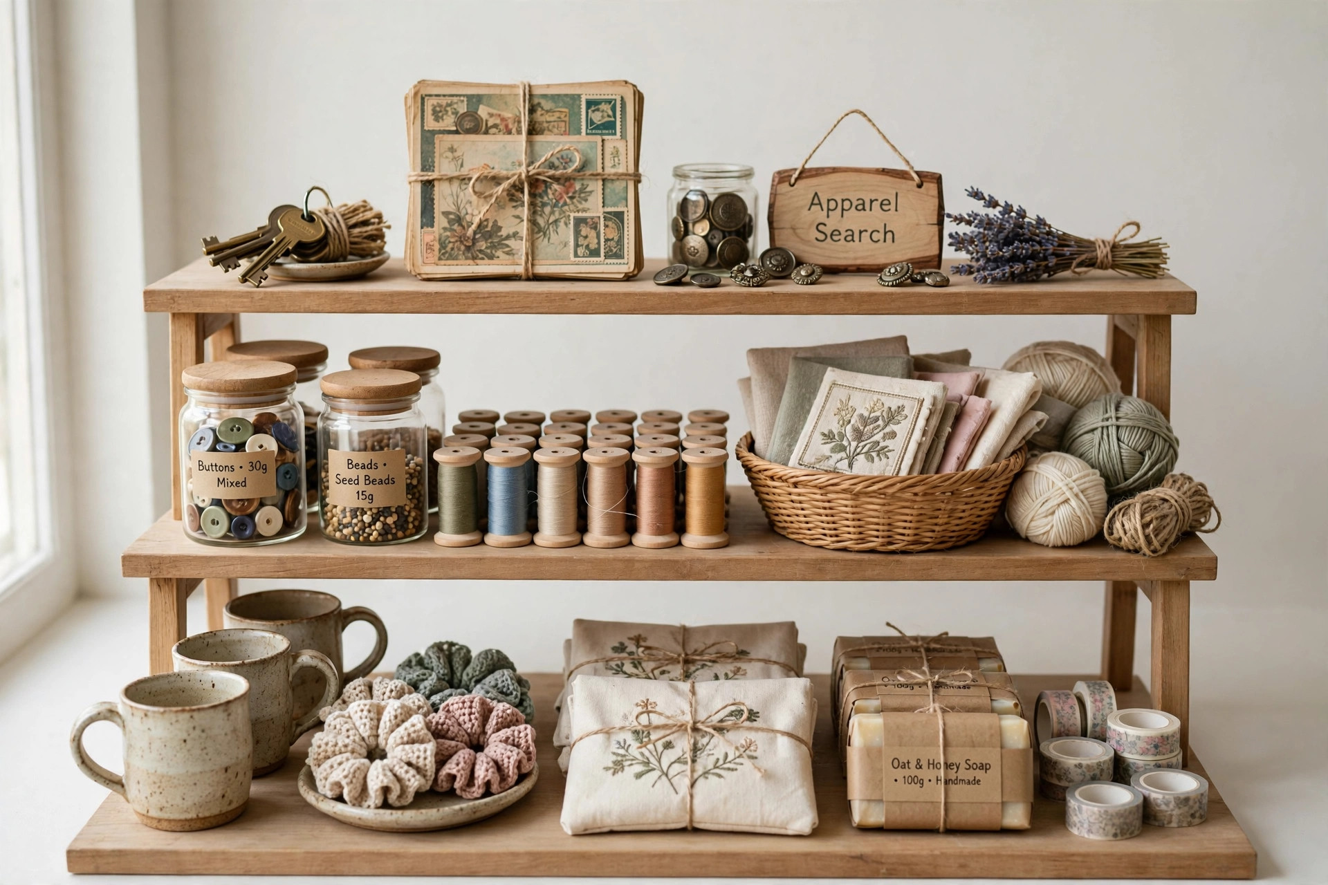 A handmade marketplace display with crafted goods, vintage items and craft supplies on market stall shelving and a small Apparel Search sign, product photography with no people